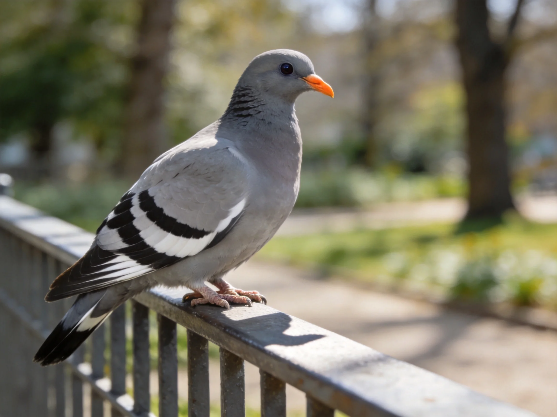 A gray pigeon with black and white wing markings perches on a metal railing.