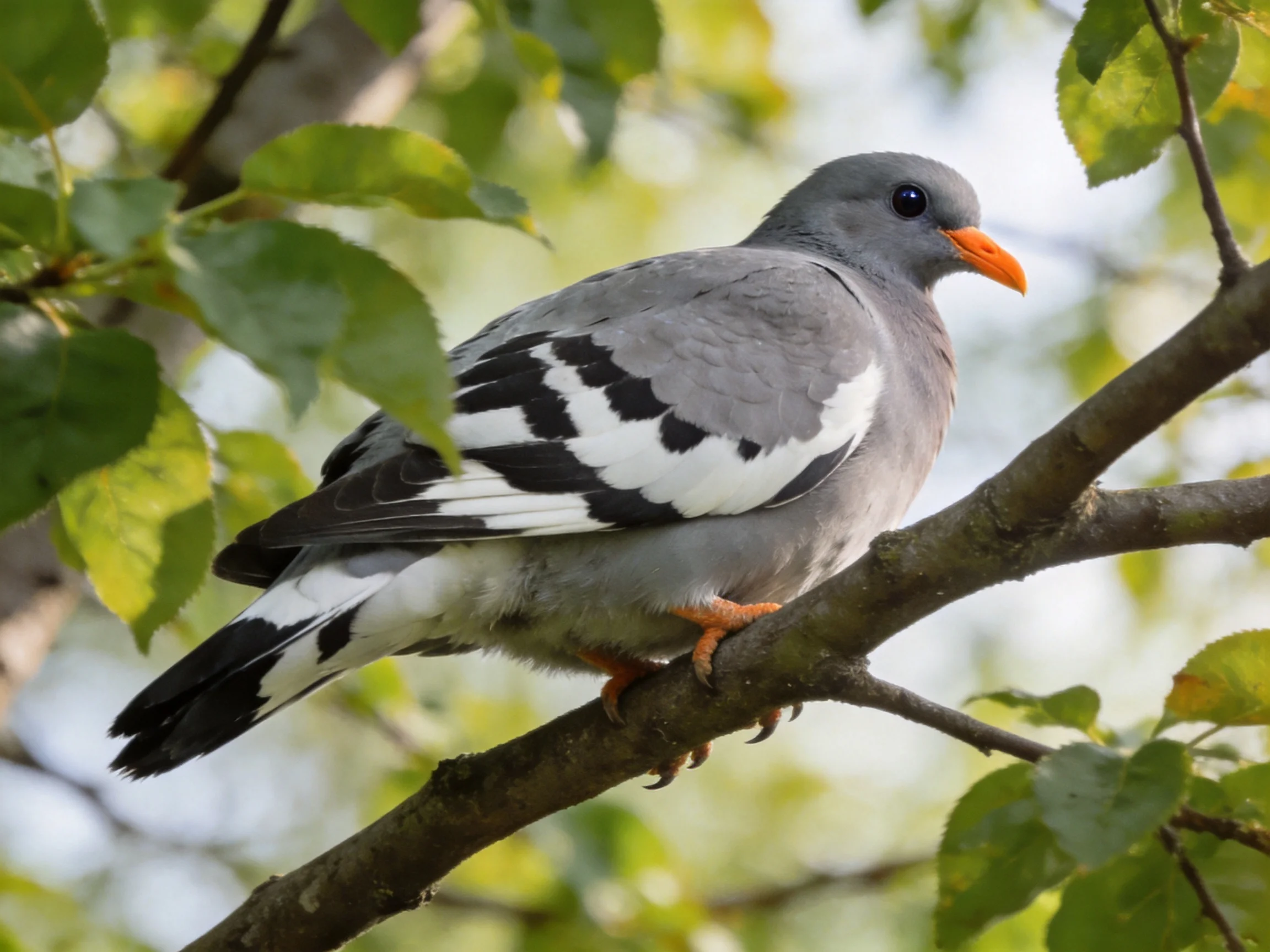 A gray pigeon with black-white wing patterns perches on a tree branch