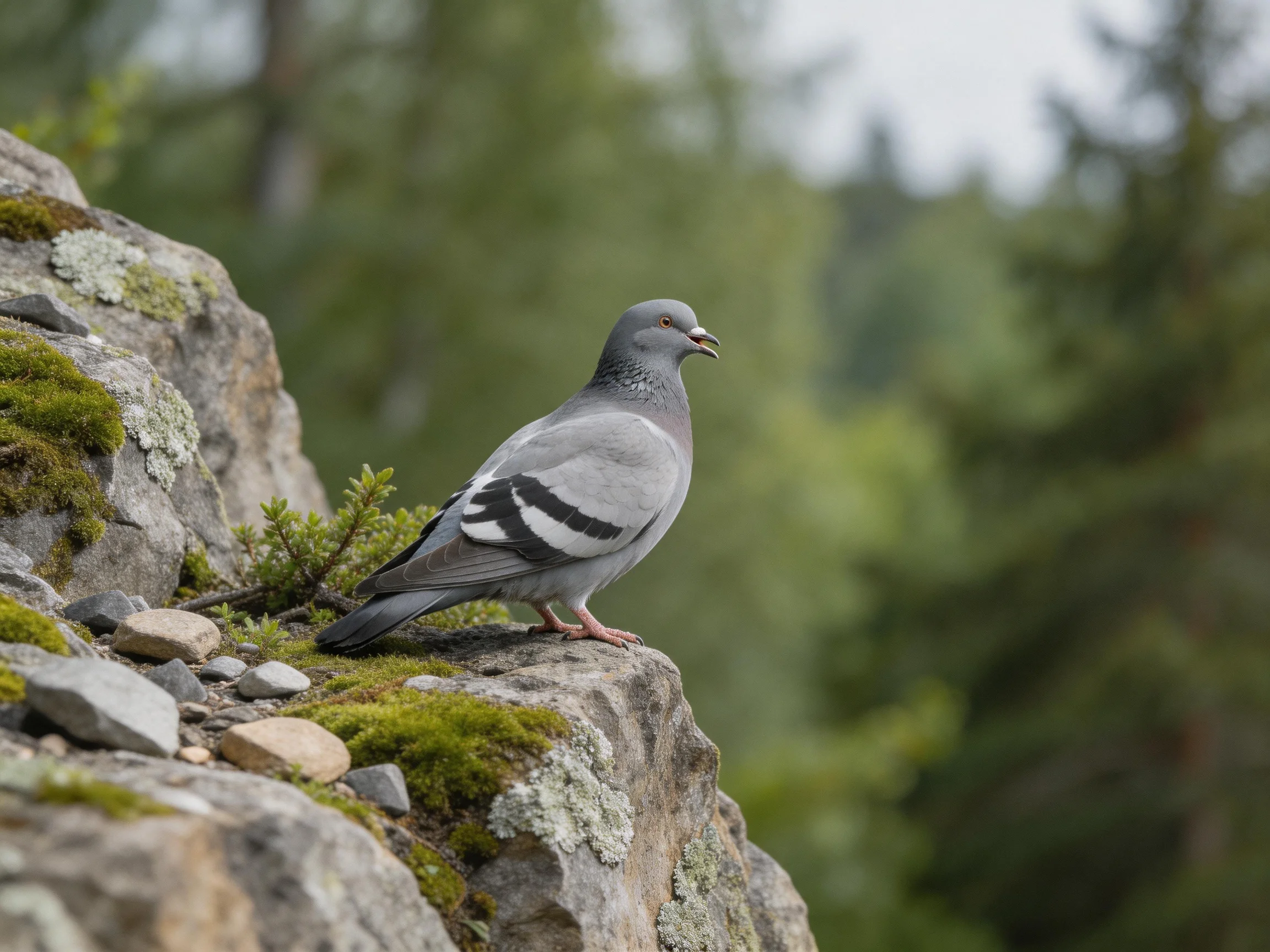 A gray pigeon with black wing markings rests on moss-laden rocky outcrop beside dense forest