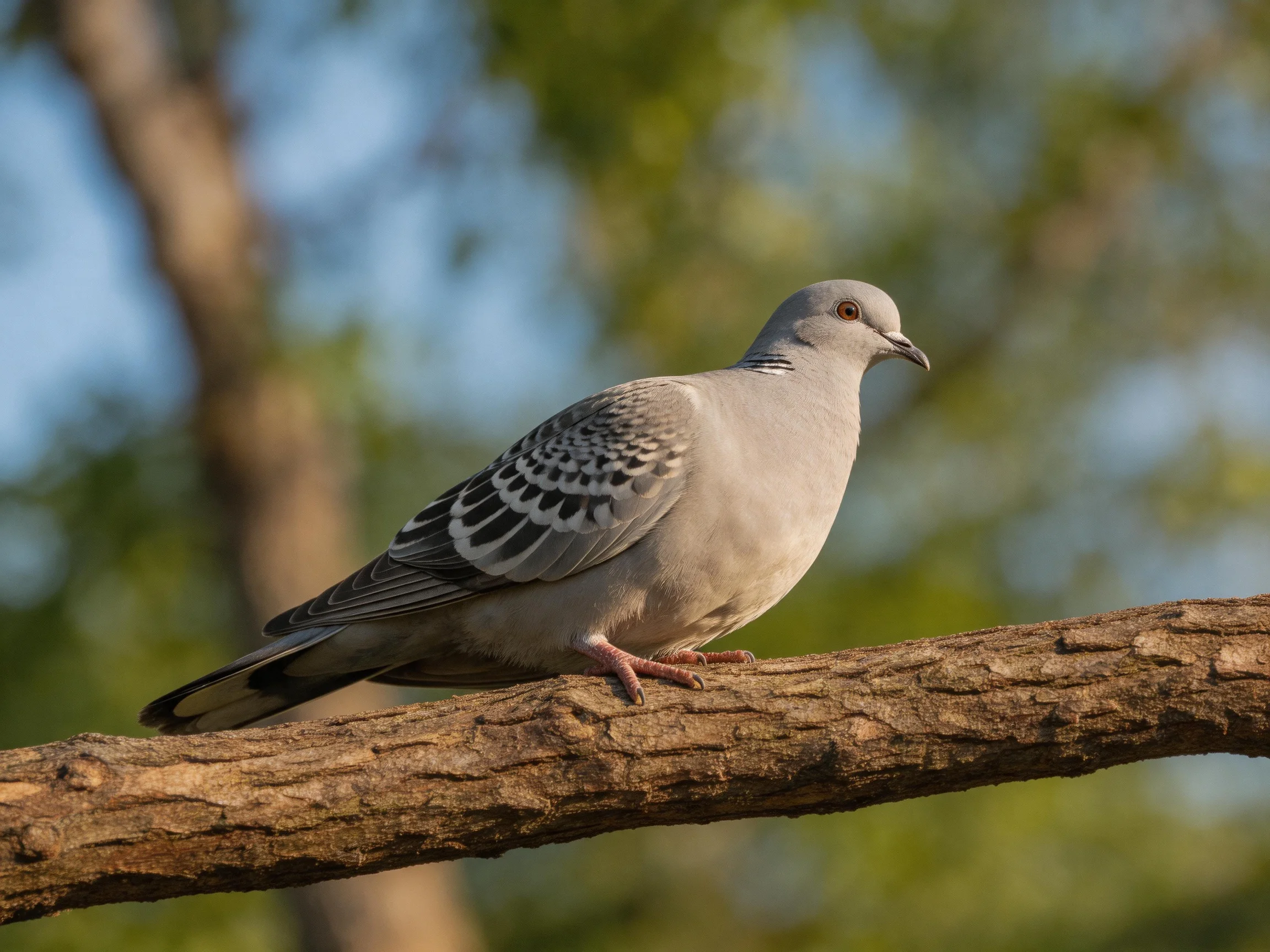 A gray pigeon with patterned wings sits on a thick tree branch