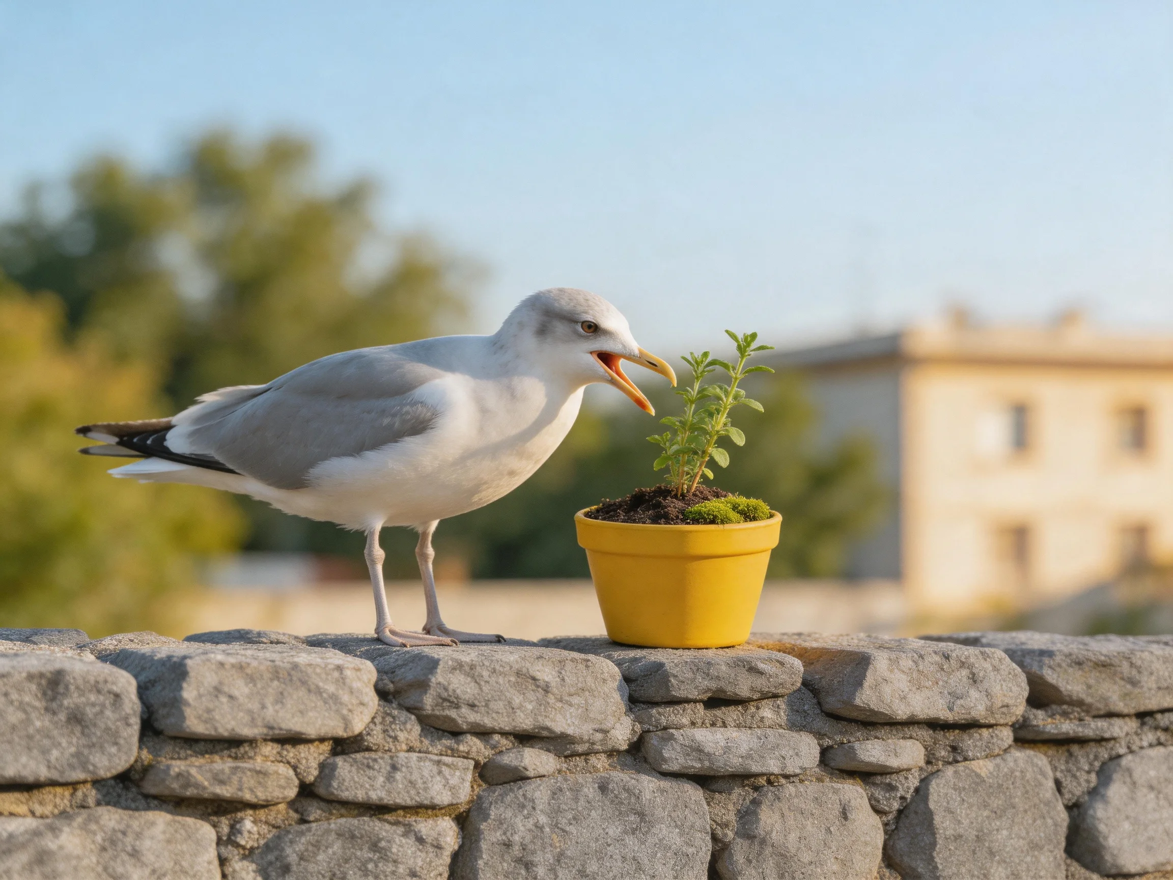 A gray seagull inspecting a small yellow potted plant on a stone wall