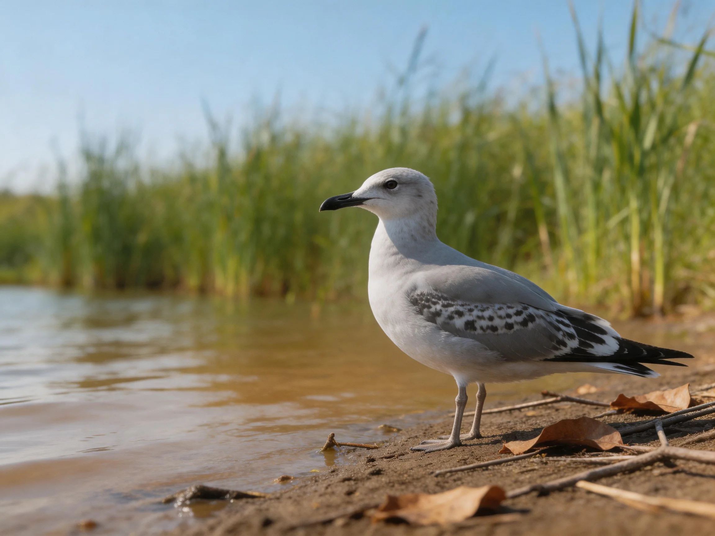 A gray seagull stands on sandy shore by calm brown water with tall green reeds