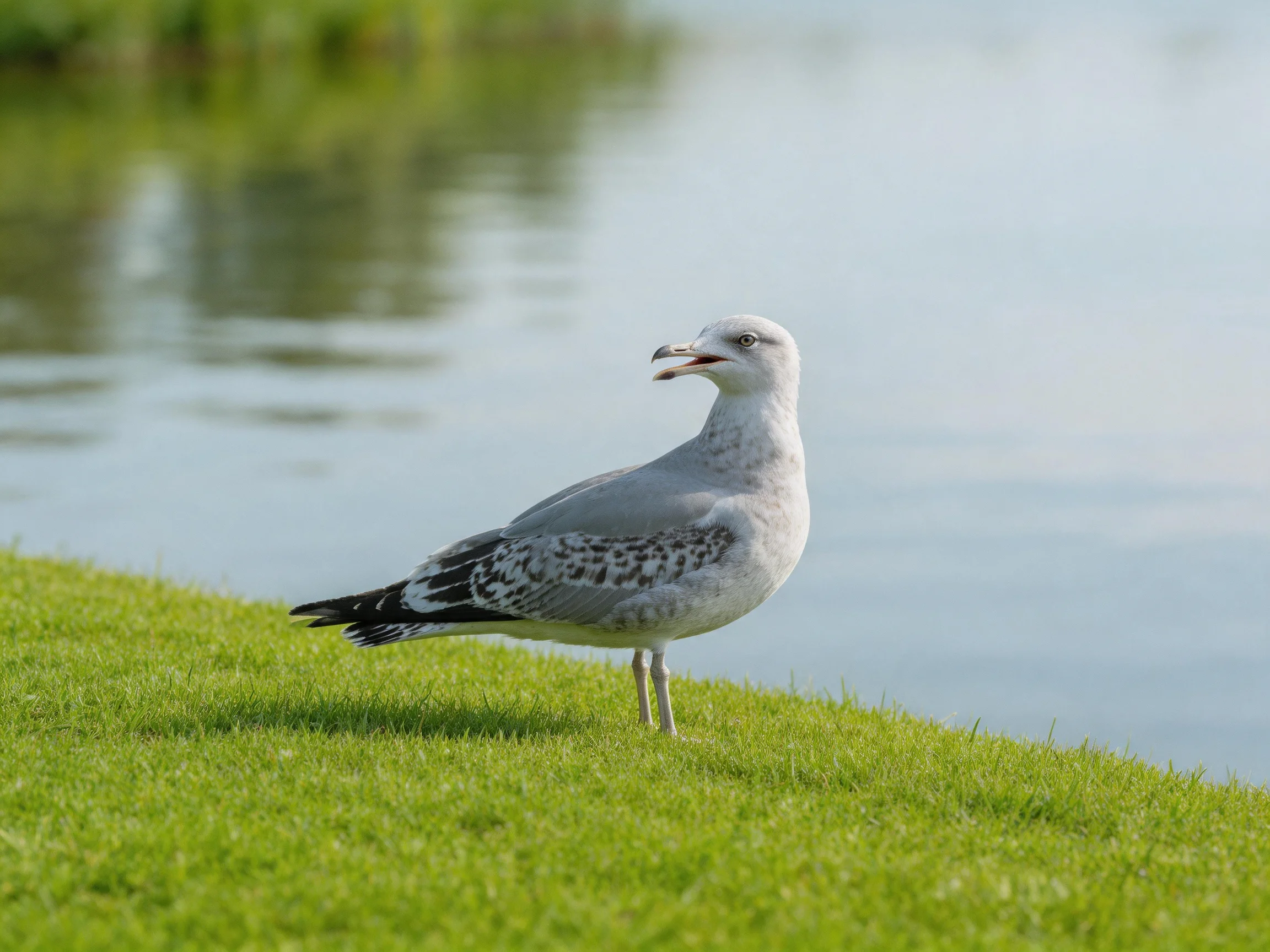 A gray seagull rests on lush grass beside tranquil water.