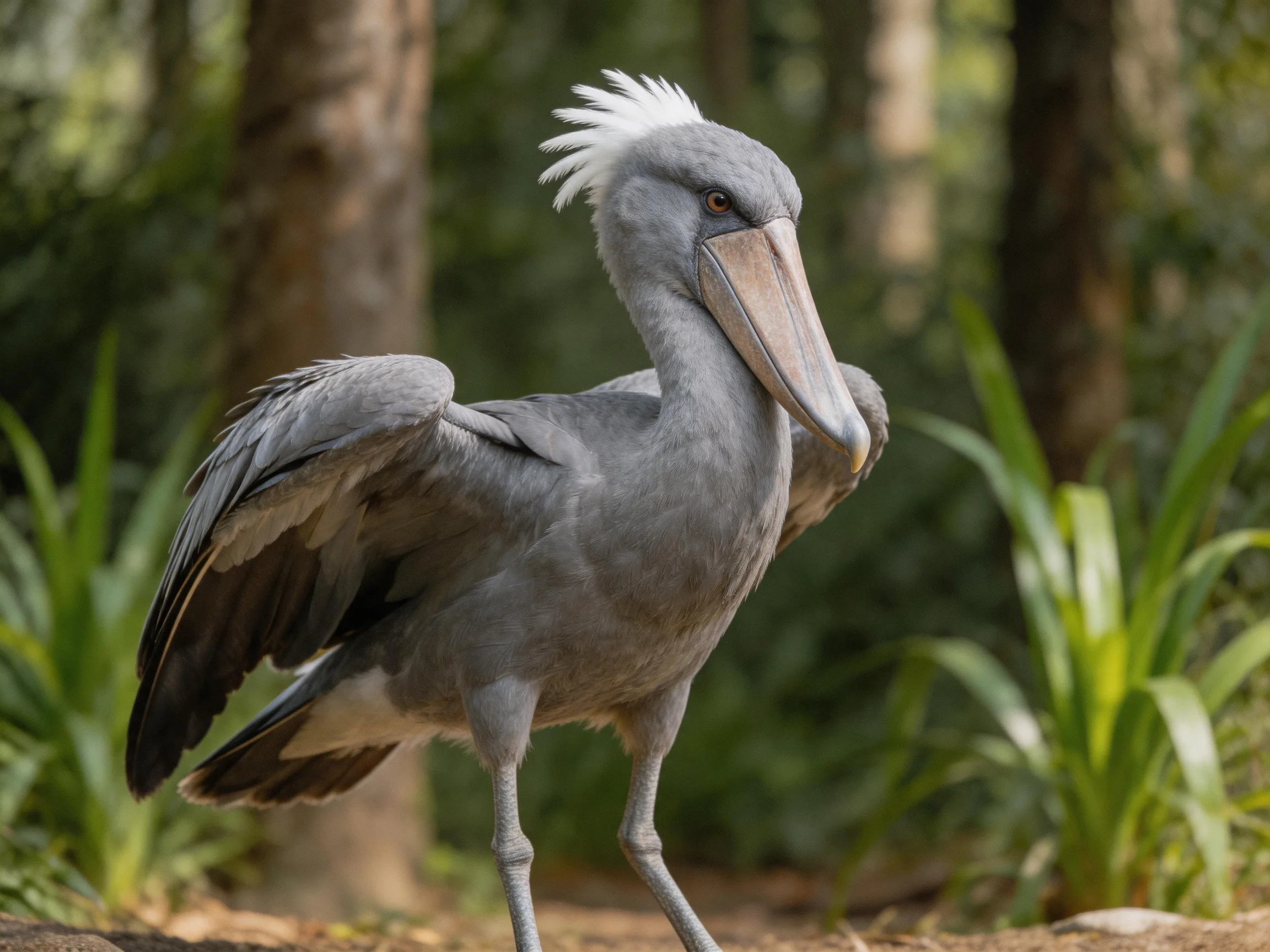 A gray shoebill with white crest in a forested habitat