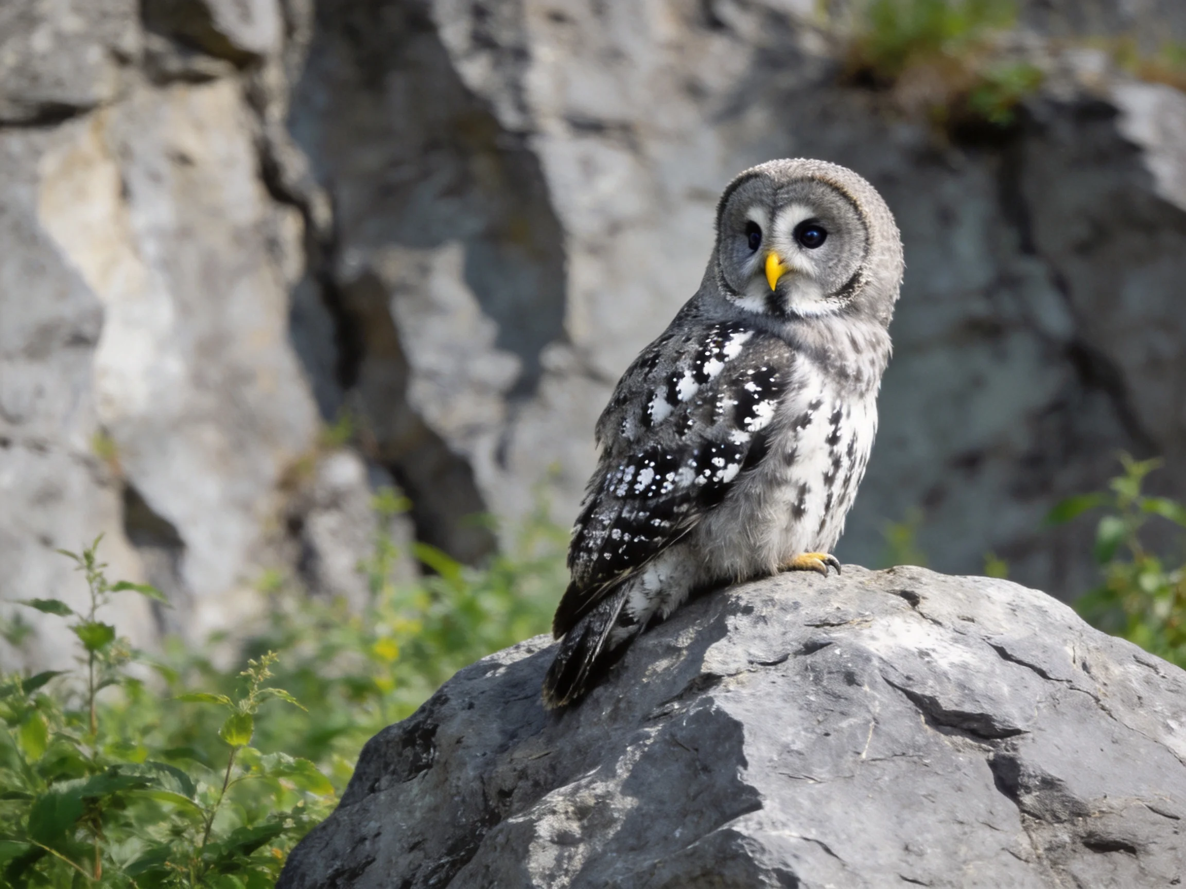 A gray-spotted owl perches on a large rock near rocky cliffs