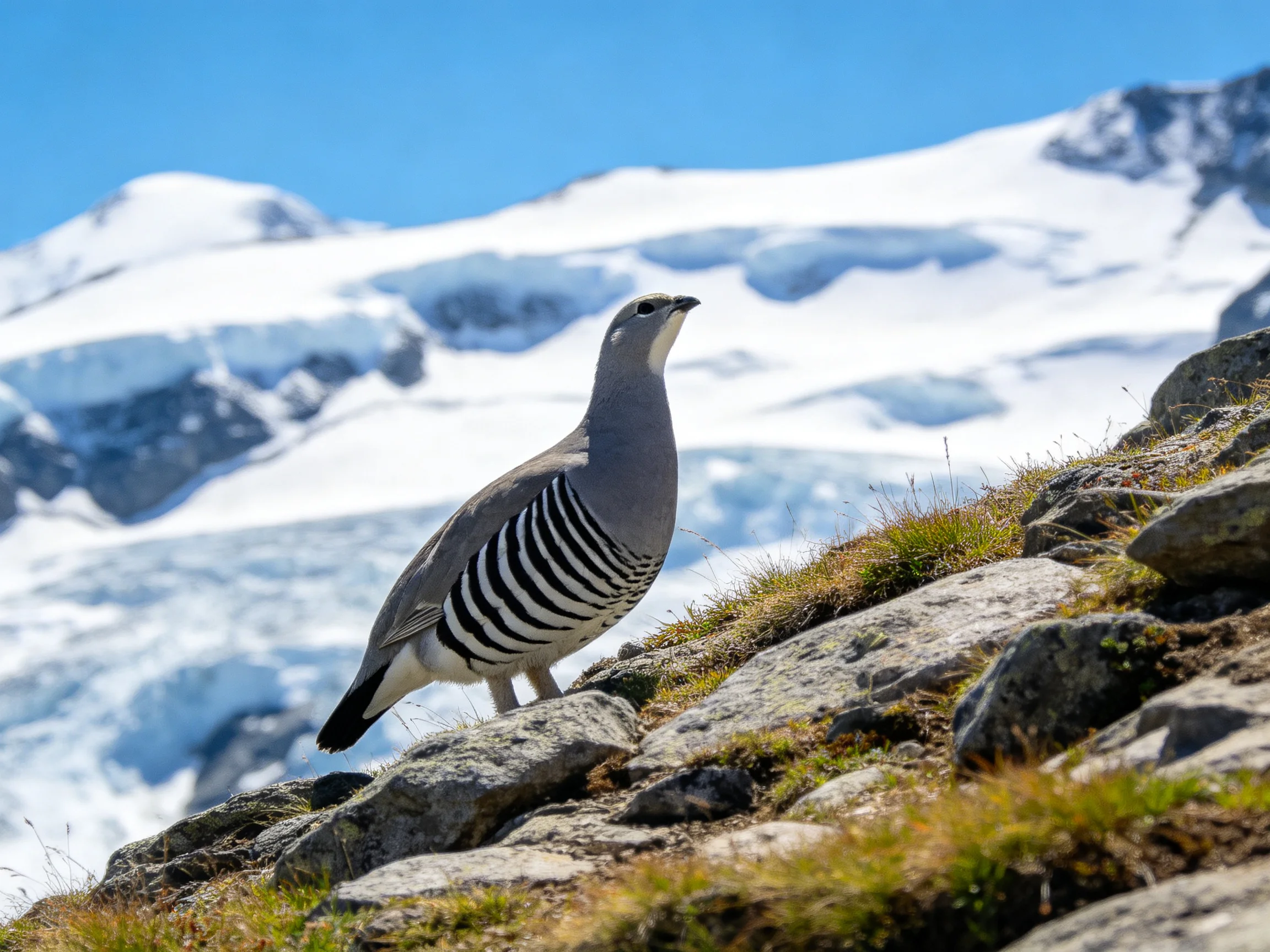 A gray-striped bird perched on rocky alpine terrain with snow-covered mountains