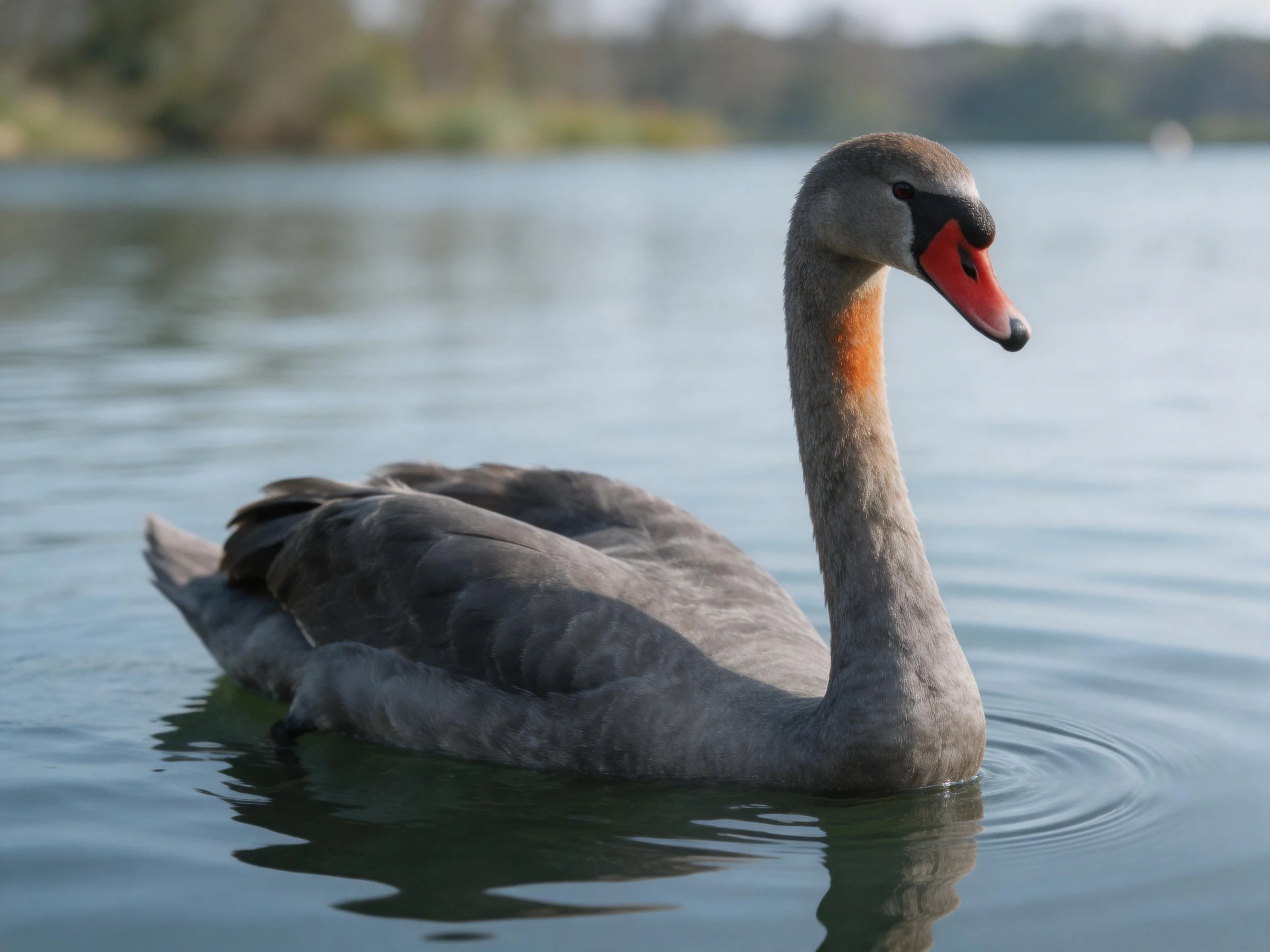 A gray swan with a red beak swims in calm water