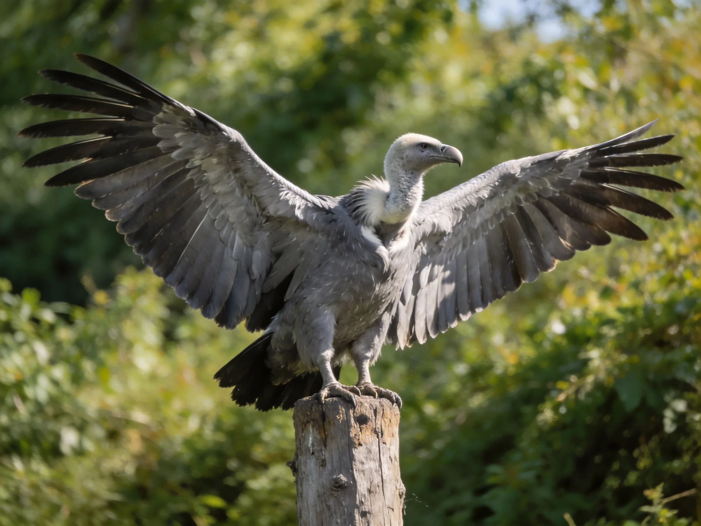 A gray vulture spreads wings wide on a wooden post