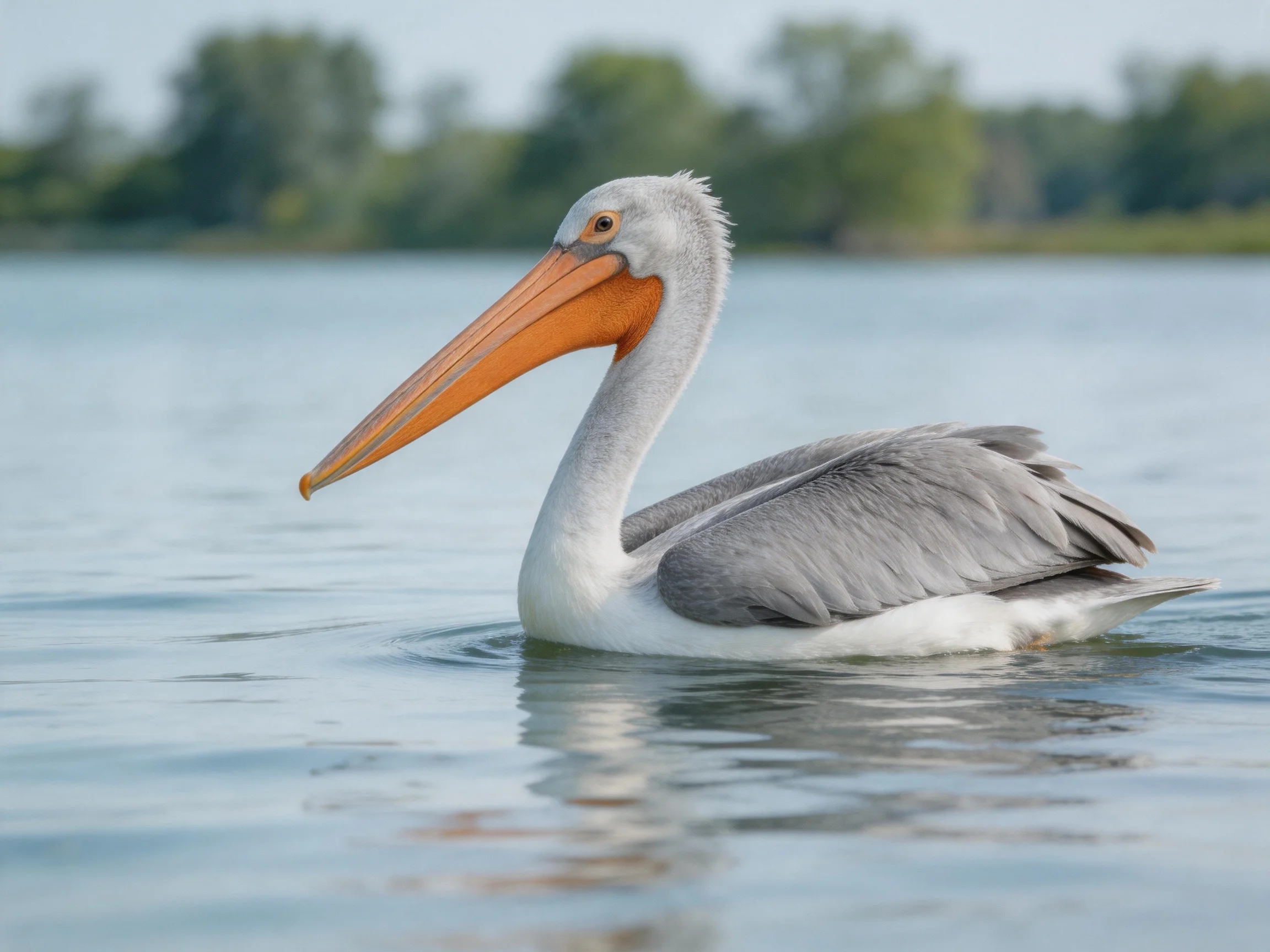 A pelican with a large orange beak floats serenely on still water