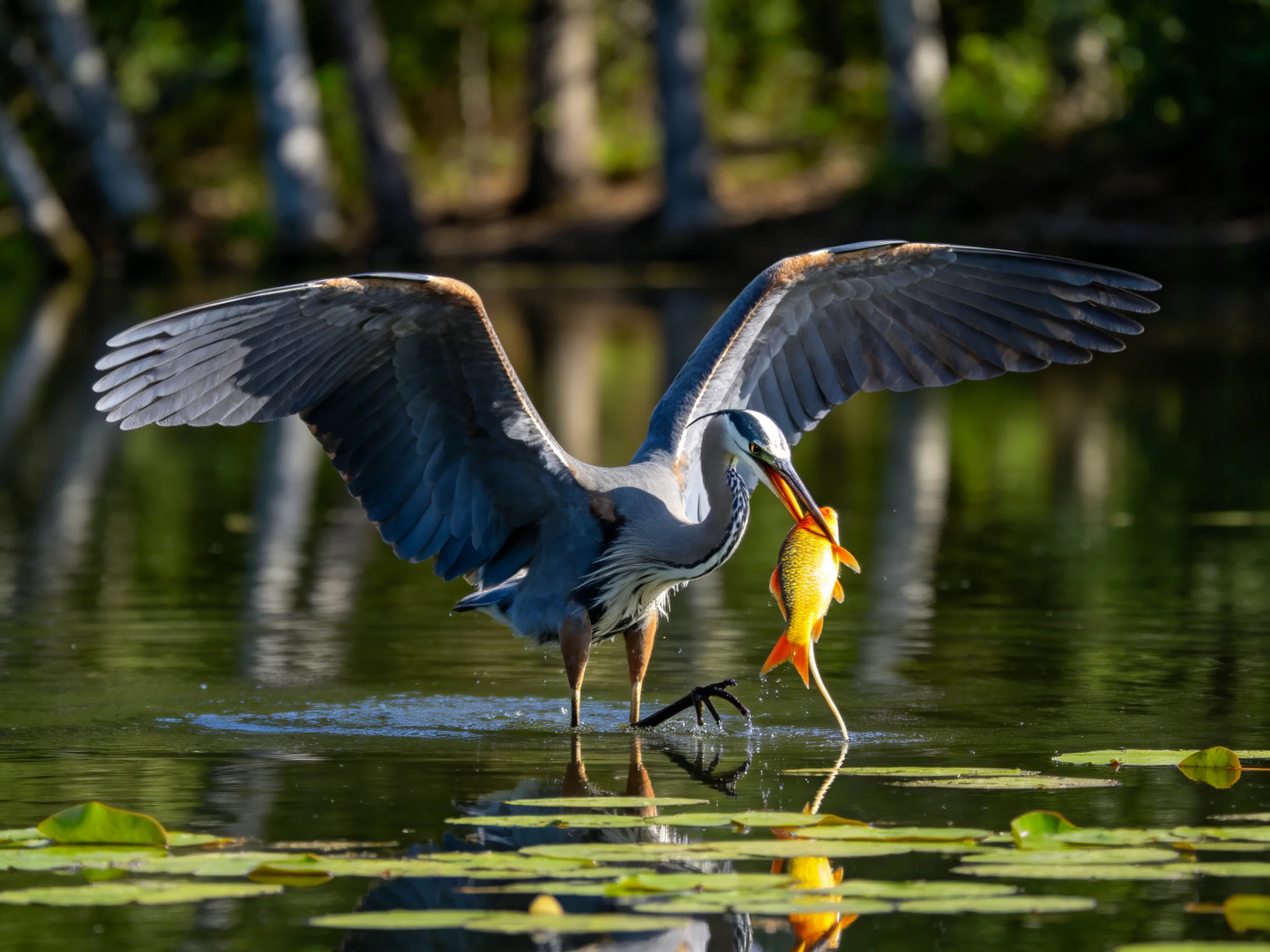 A great blue heron catches a large orange fish in shallow wetlands