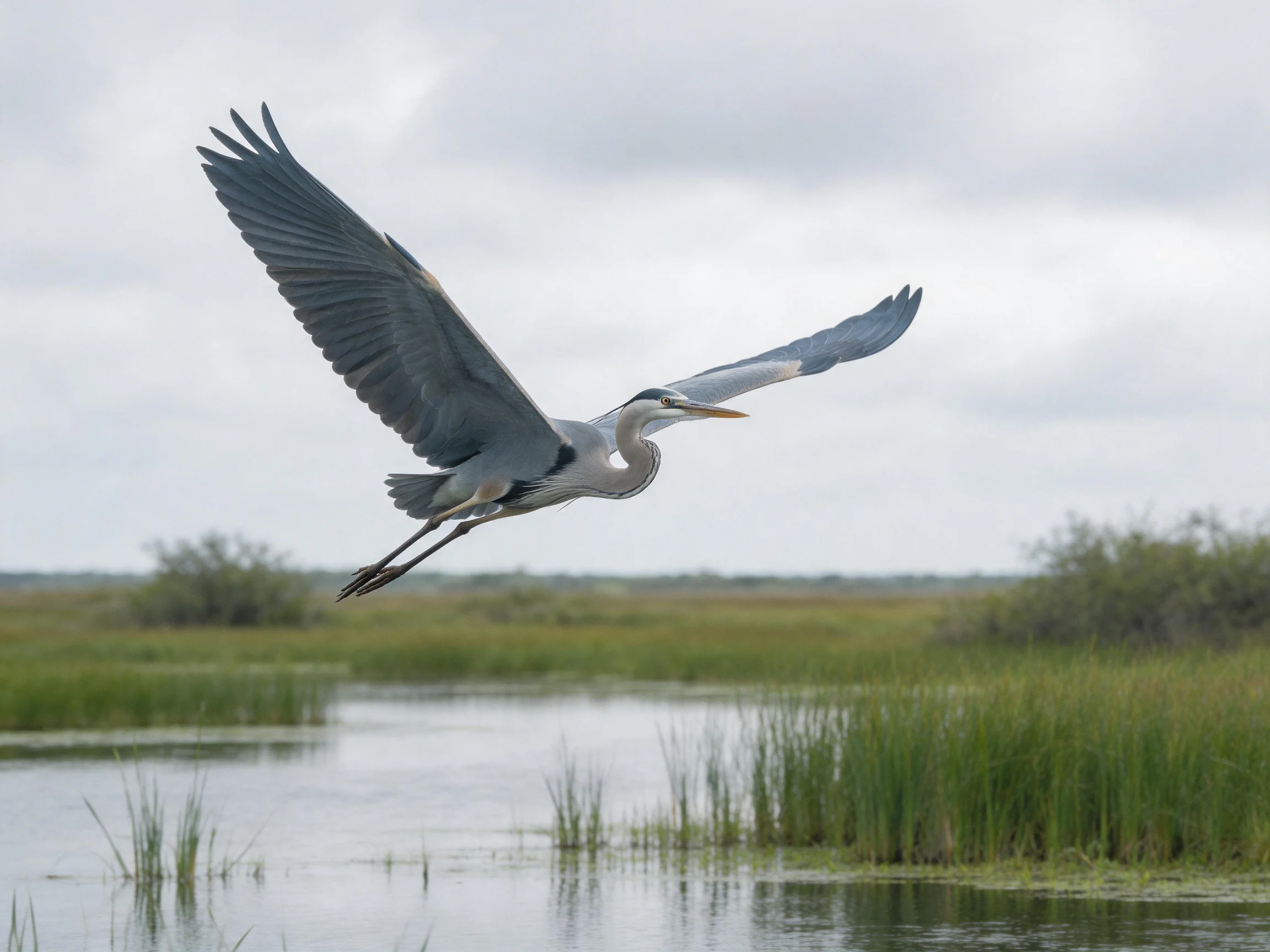 A great blue heron soars over calm wetlands with tall green reeds