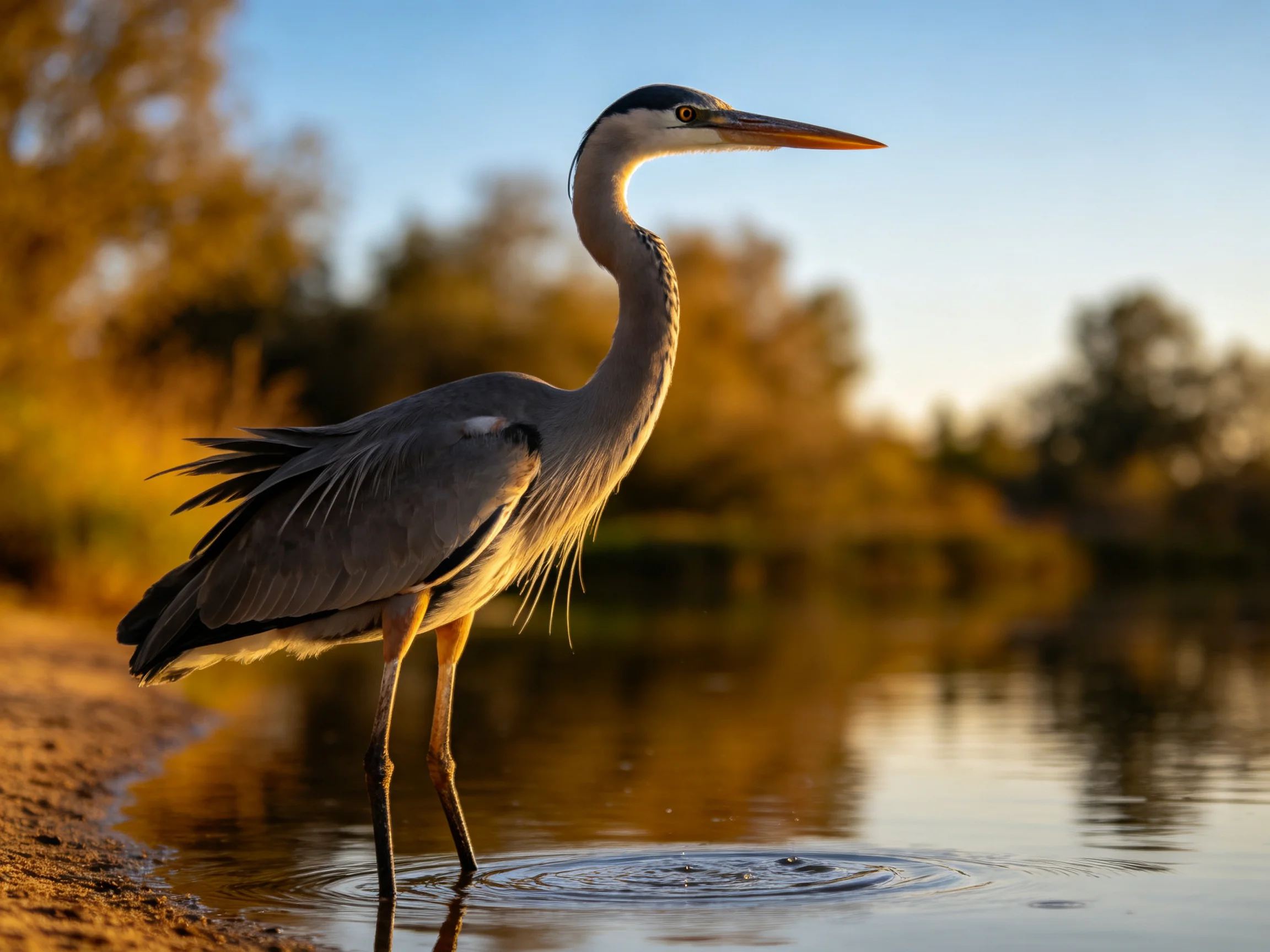A great blue heron stands in golden water by a sandy shore