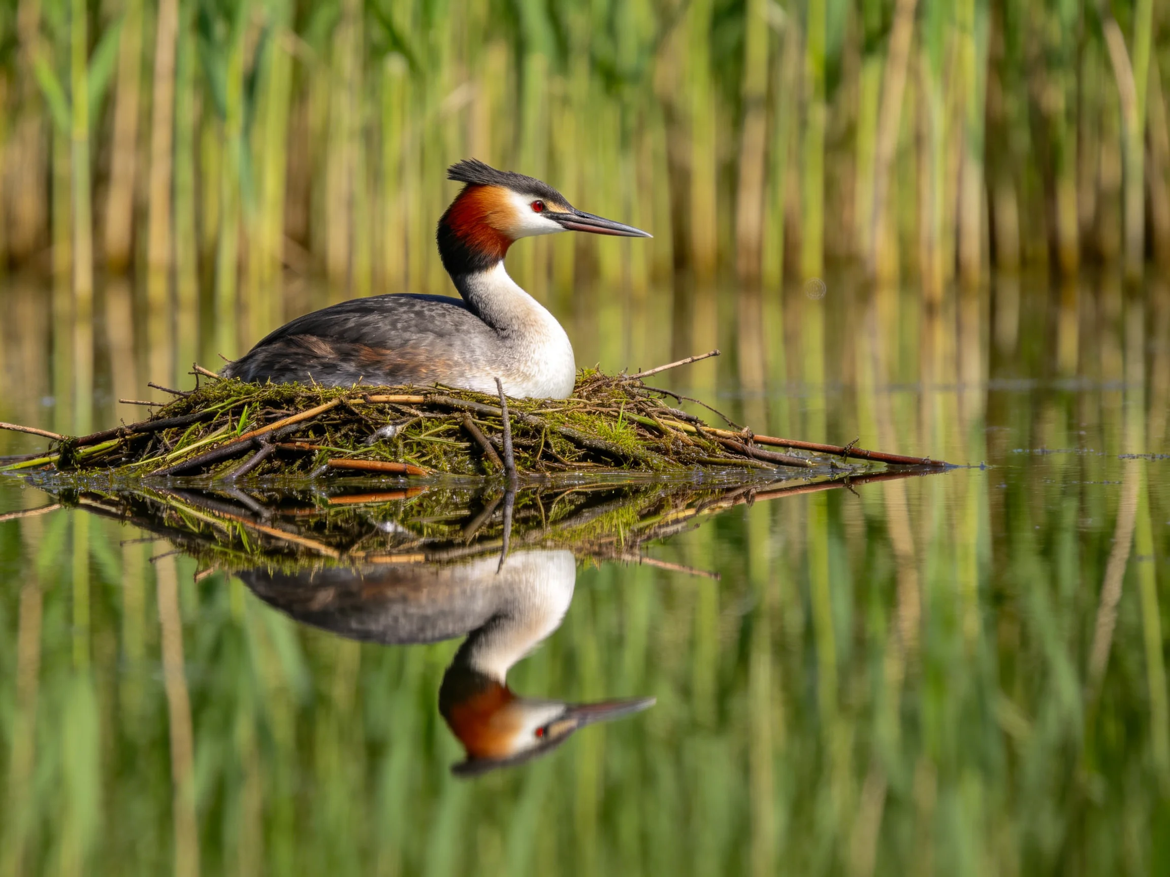 A great crested grebe rests on a floating twig nest amid calm water