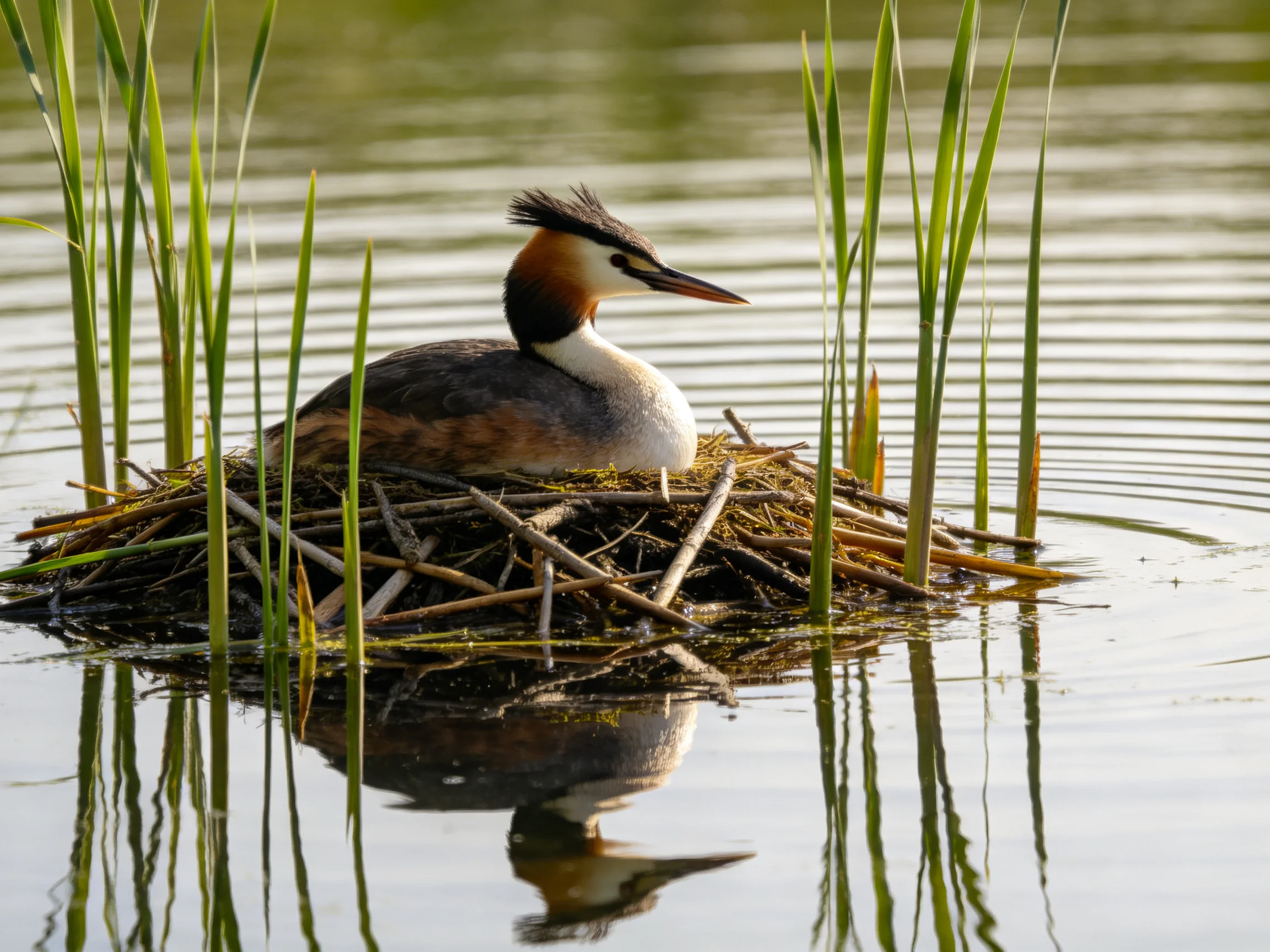 A great crested grebe rests on a twig-reed nest