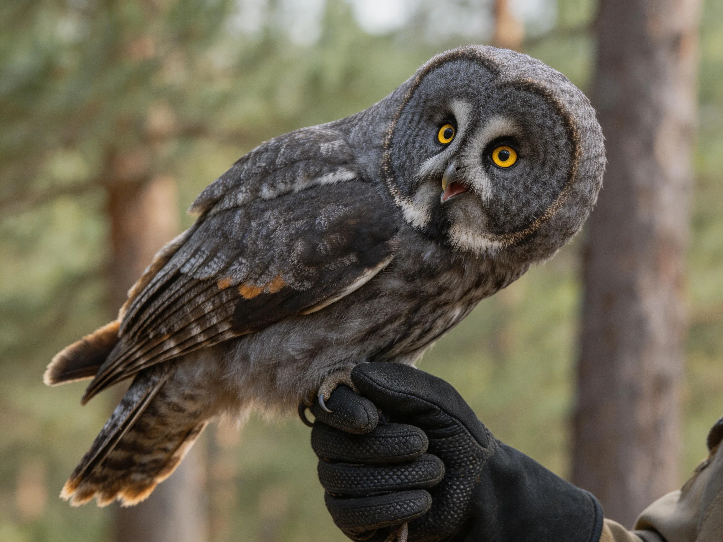 A great gray owl with yellow eyes perched on a gloved hand in a forest setting