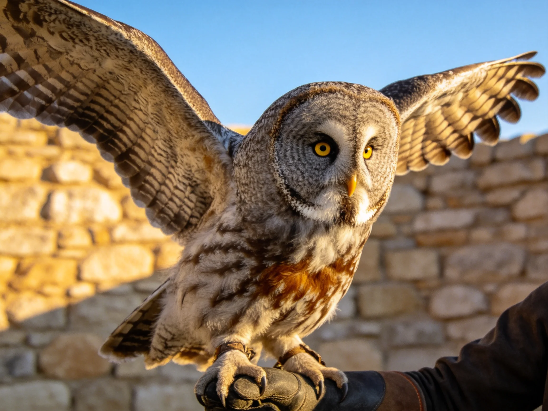 A great grey owl spreads wings on a gloved hand near stone wall