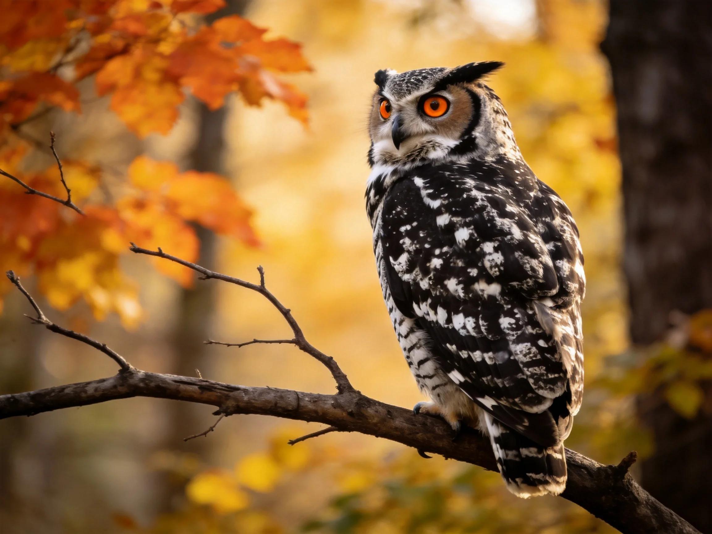 A great horned owl perched on a branch amid golden fall foliage