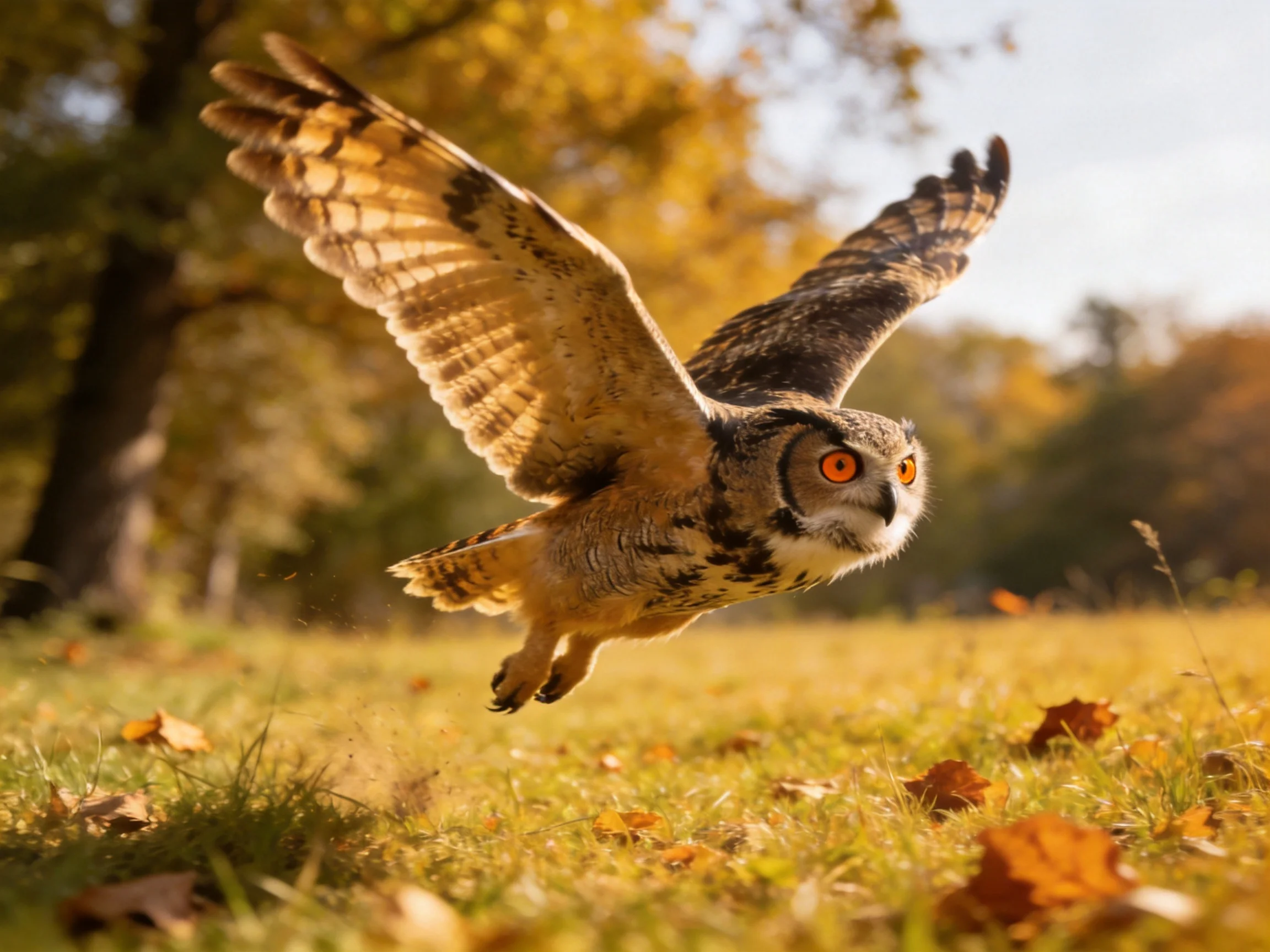 A great horned owl soars over golden autumn foliage near trees