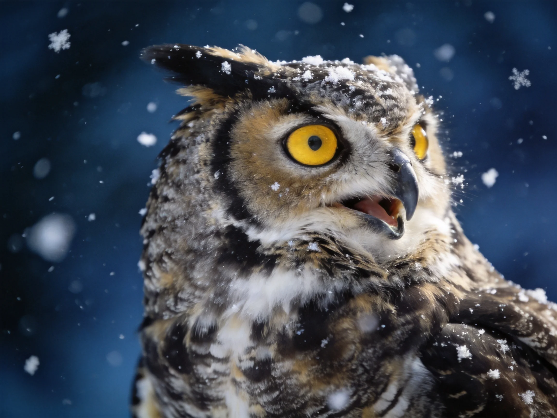 A great horned owl with snowy plumage and bright yellow eyes