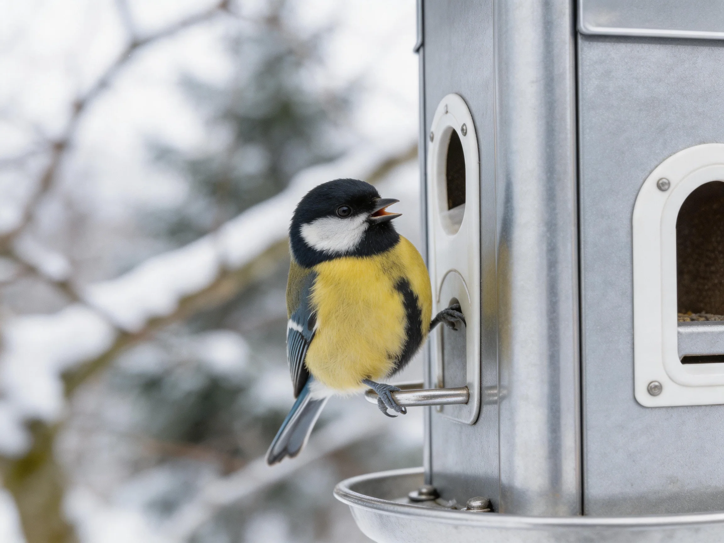 A great tit with black, white, and yellow plumage on a metallic bird feeder