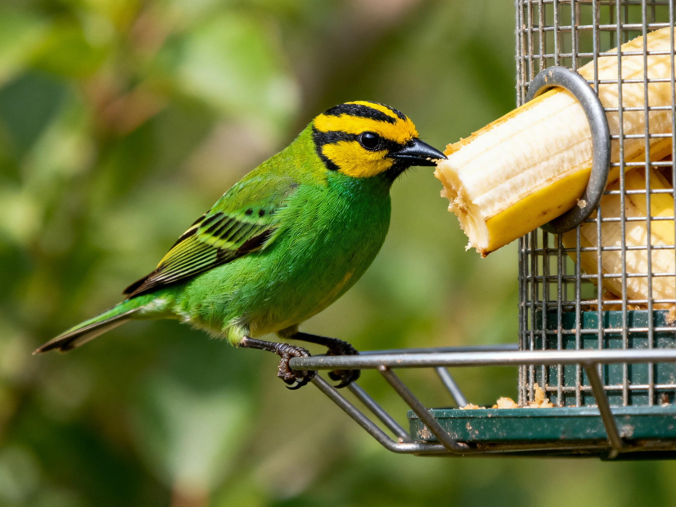 A green and yellow striped bird feeds on banana at a wire feeder