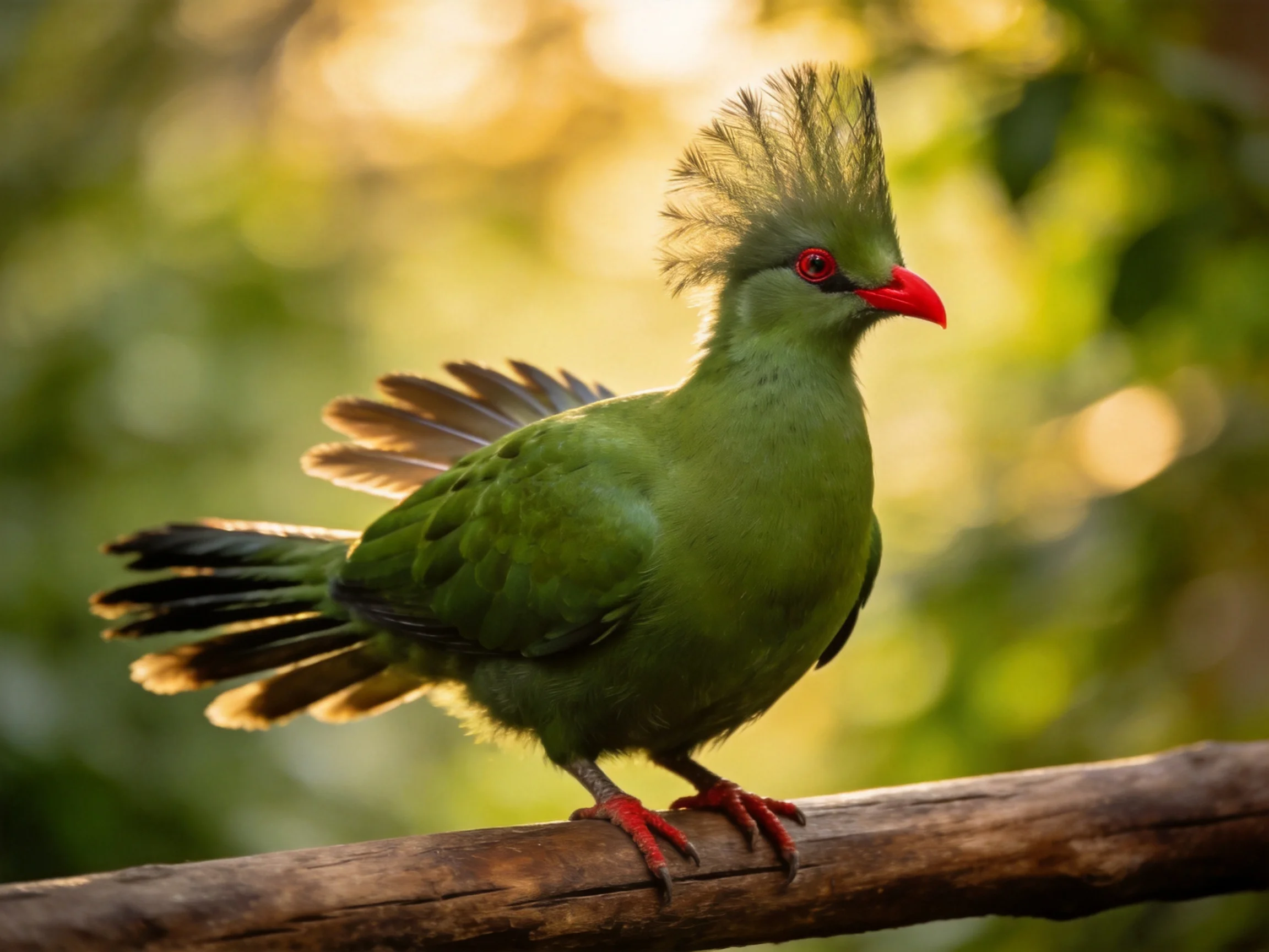 A green crested bird with red beak and feet perched on a branch