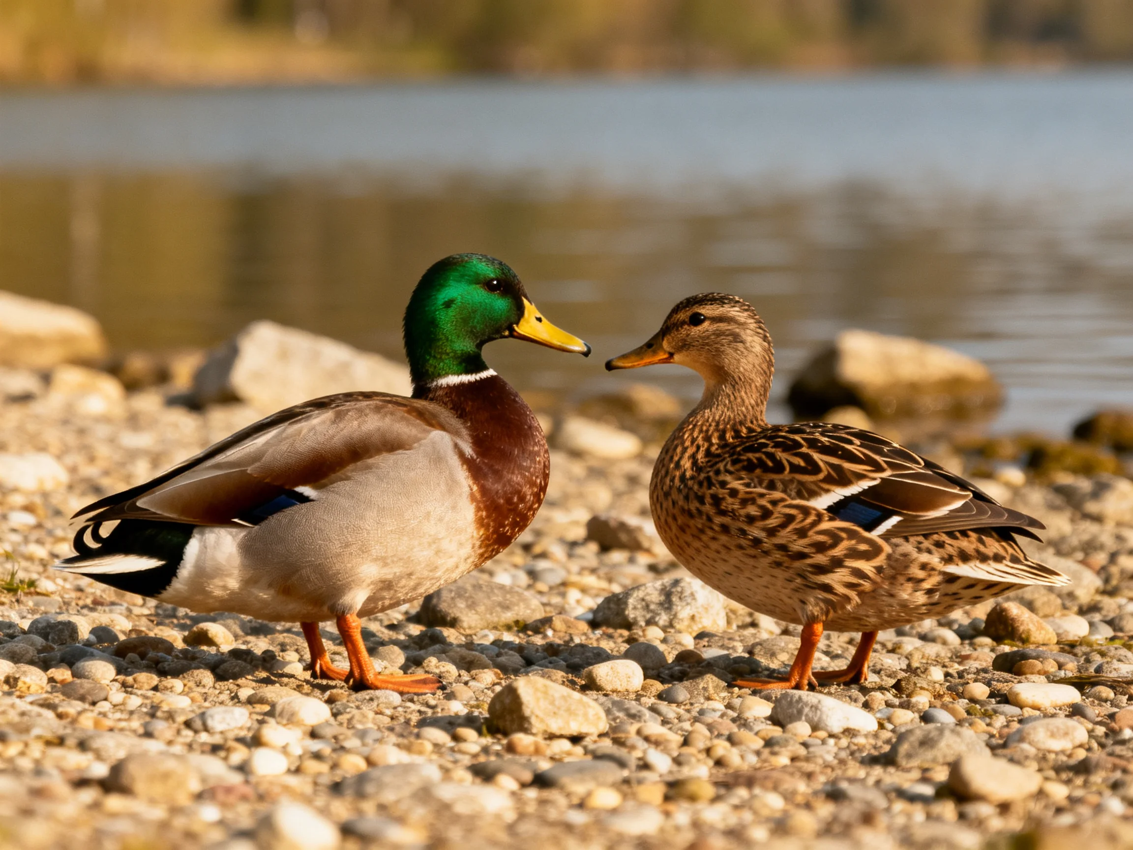 A green-headed duck and brown-spotted duck on pebbly shore