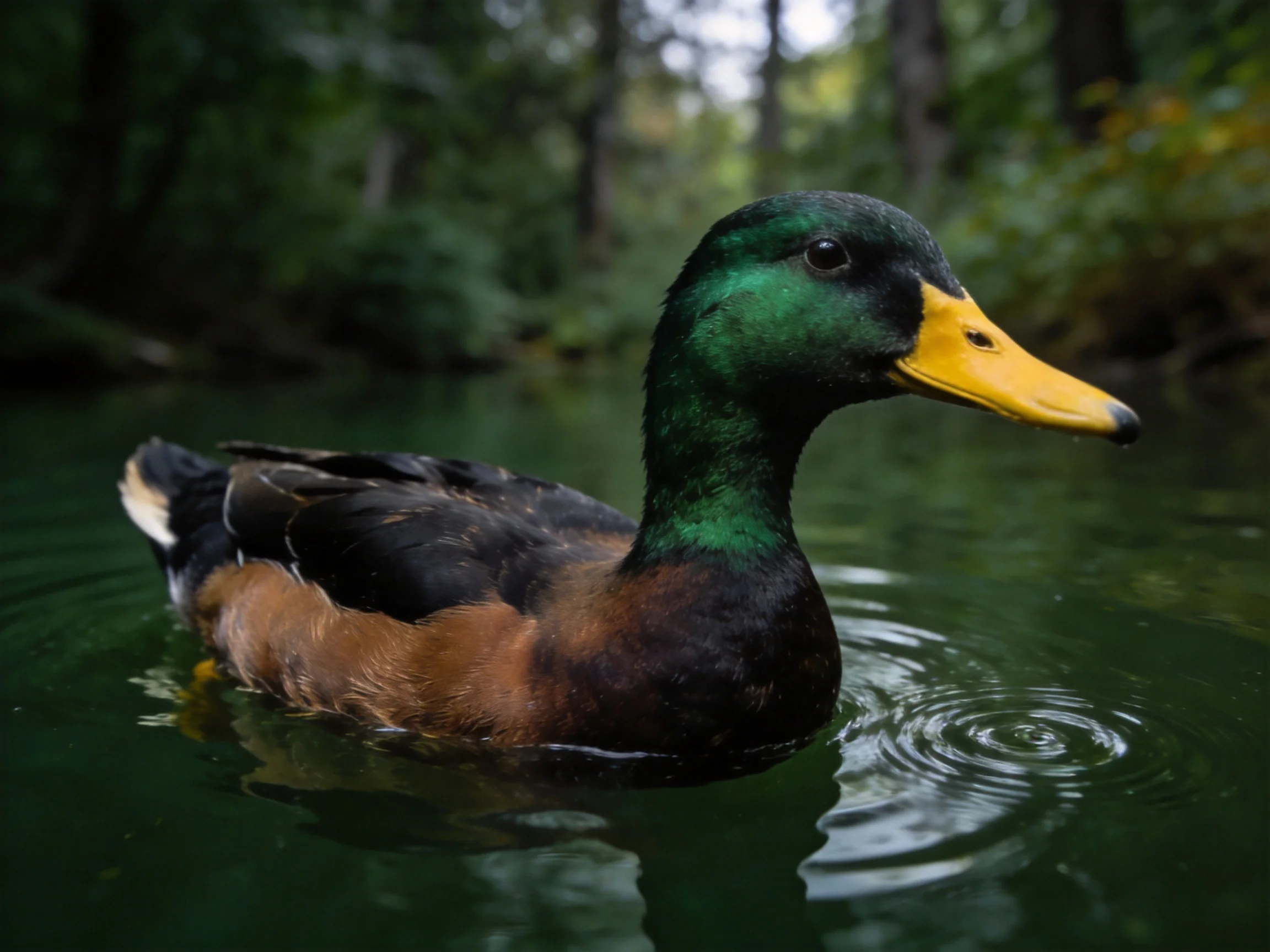 A green-headed duck glides through forest water