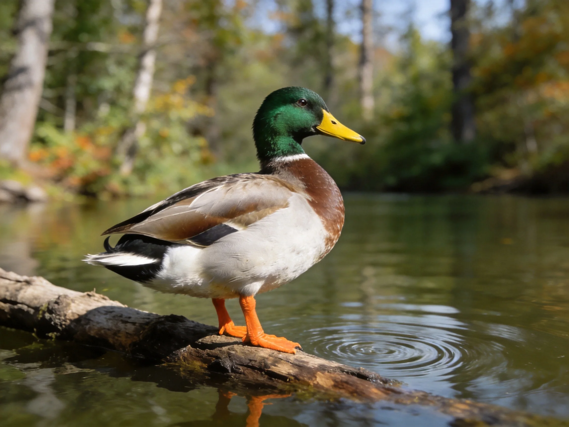 A green-headed duck perched on a log near calm water