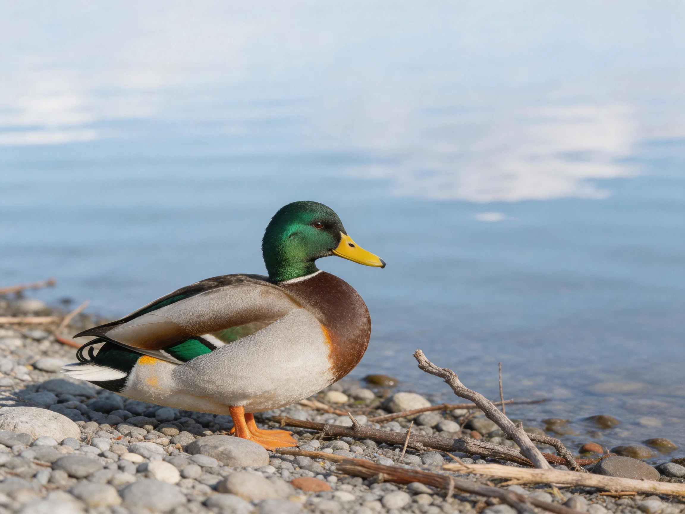 A green-headed duck perches on a pebbly lakeside shore