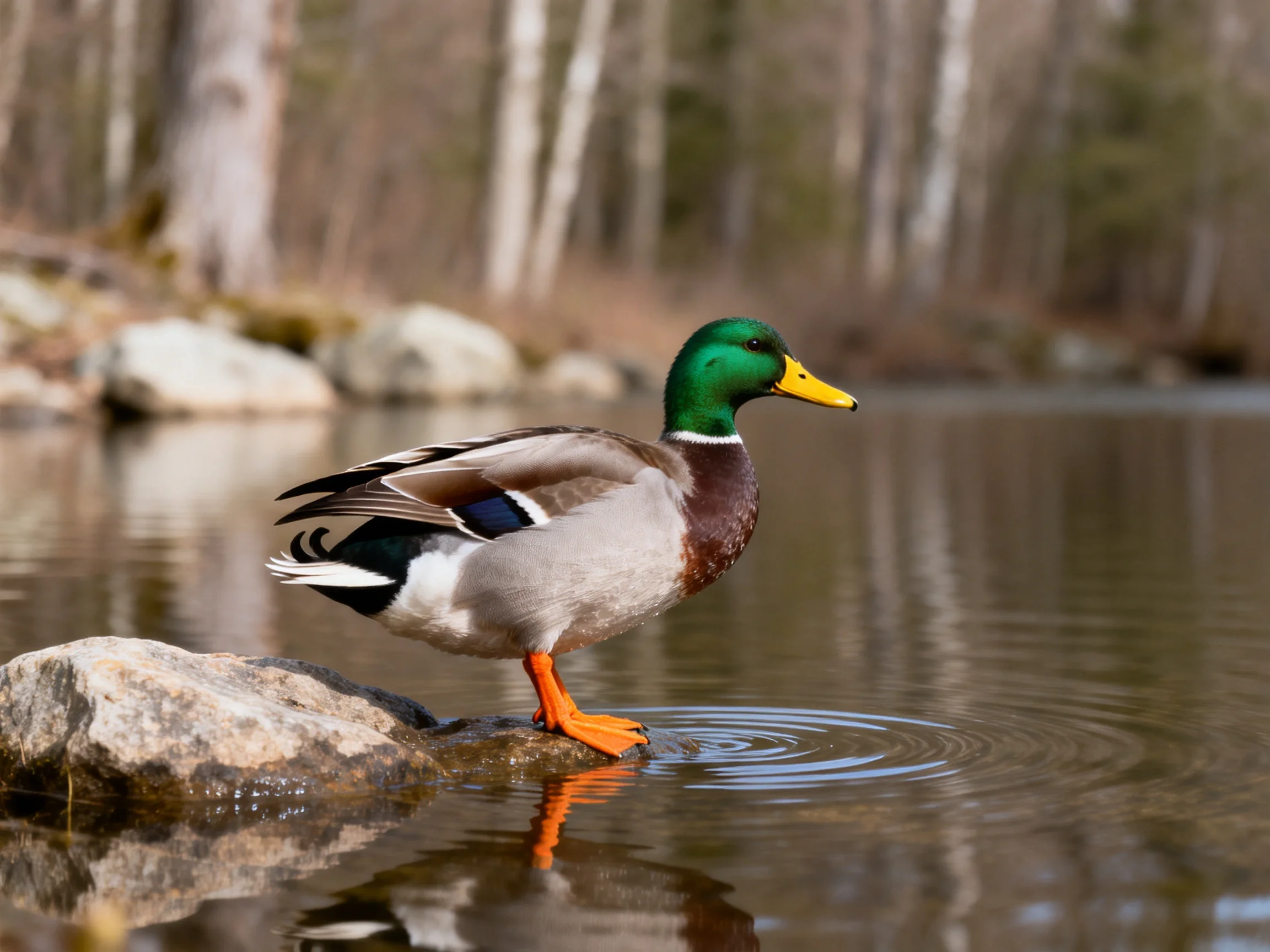 A green-headed duck perches on a rocky shore by calm waters