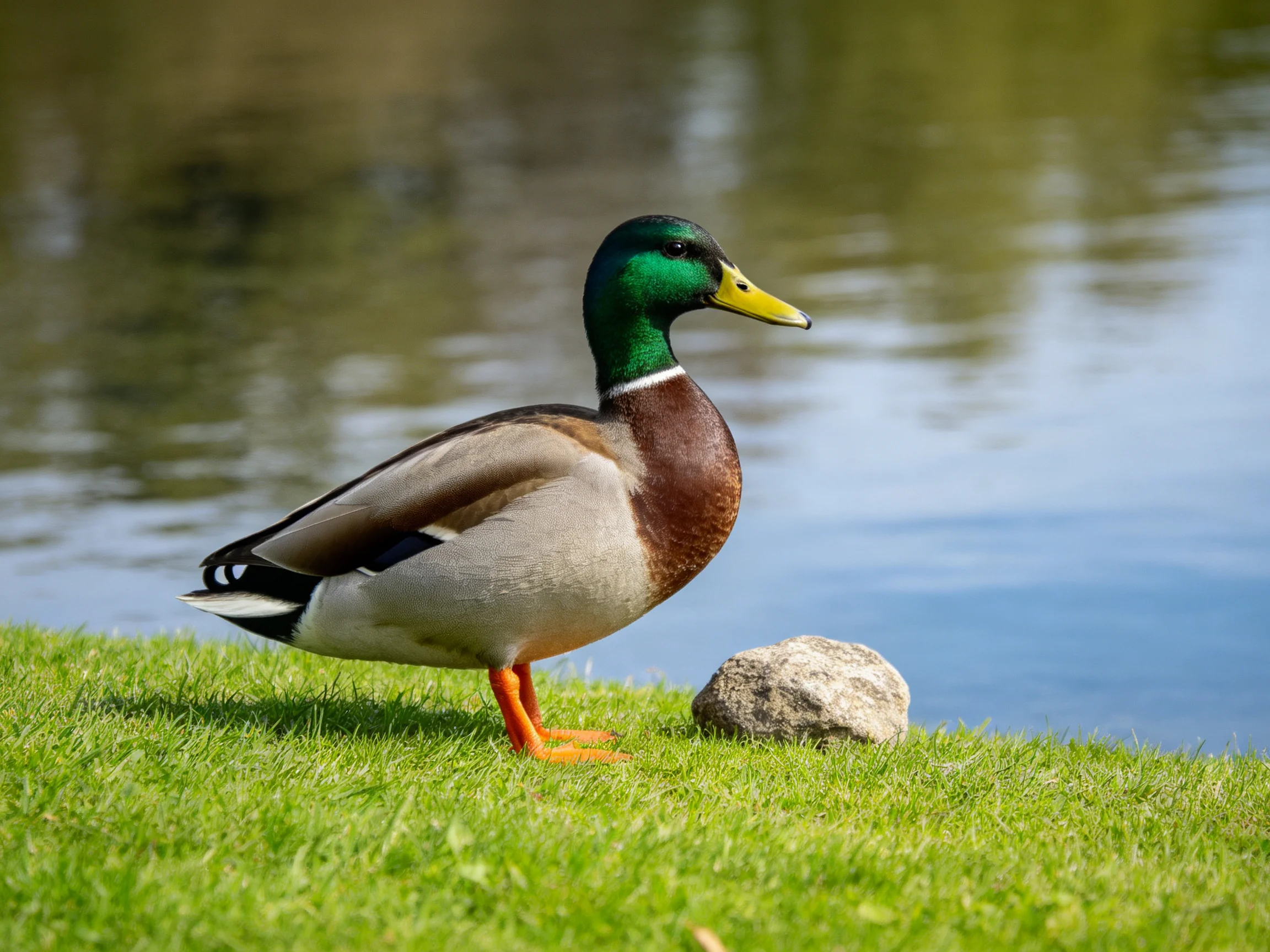 A green-headed duck stands on lush grass by calm water