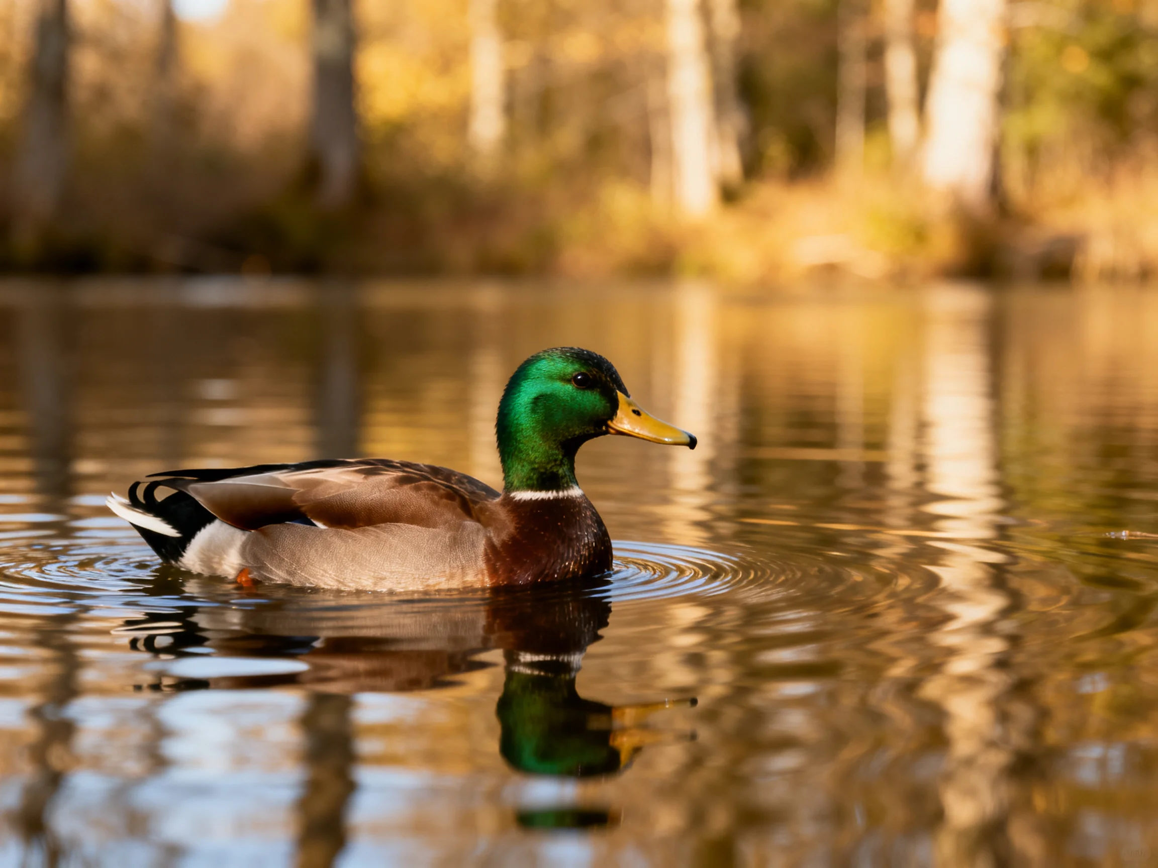 A green-headed duck swims in calm autumnal water