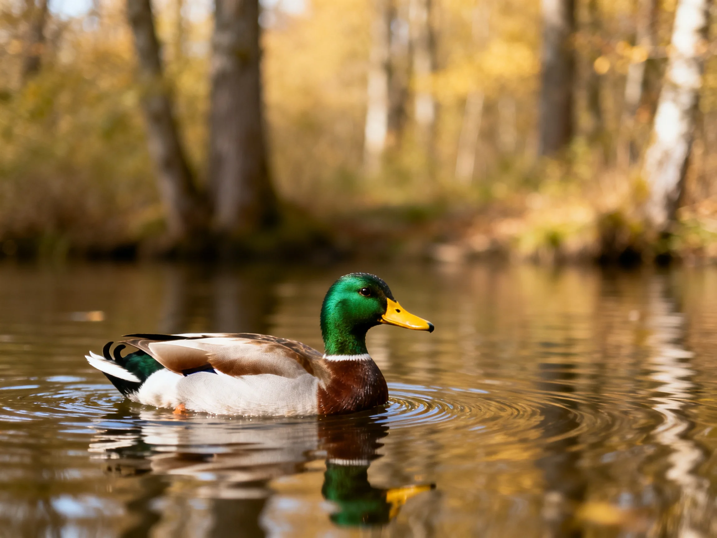 A green-headed duck swims in calm forest waters