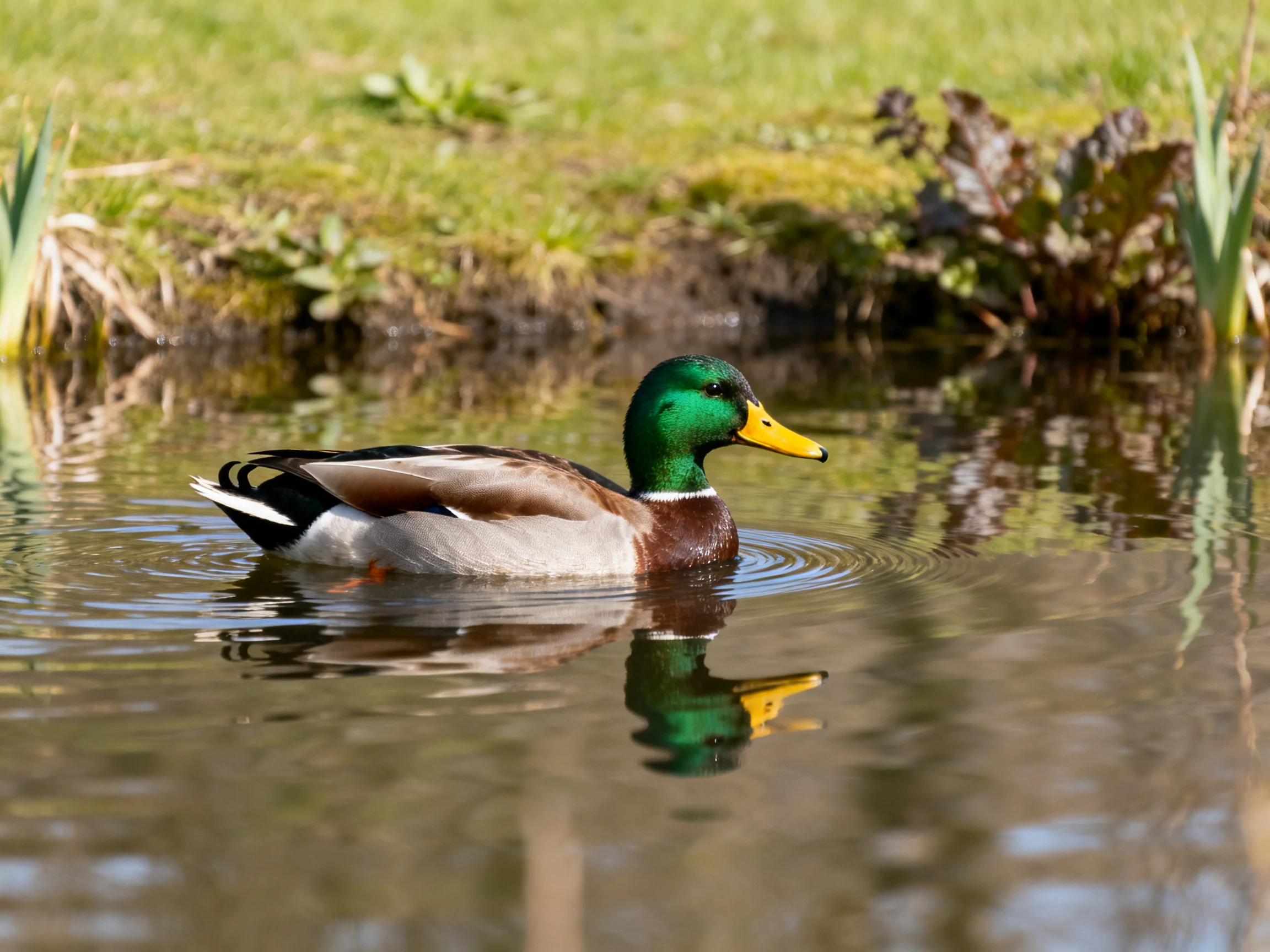 A green-headed duck swims in calm pond water near grassy banks