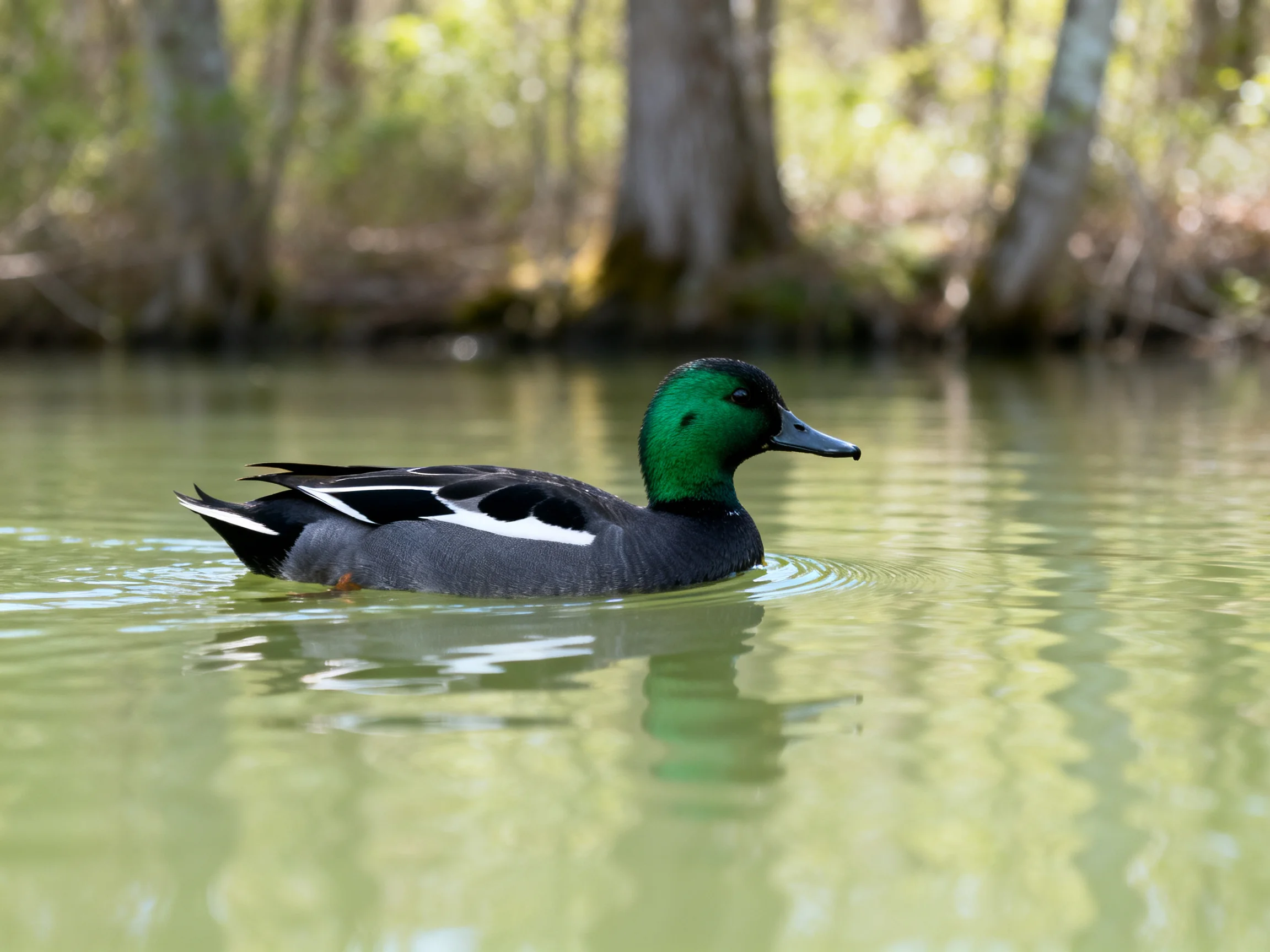 A green-headed duck swims in calm waters near tall trees