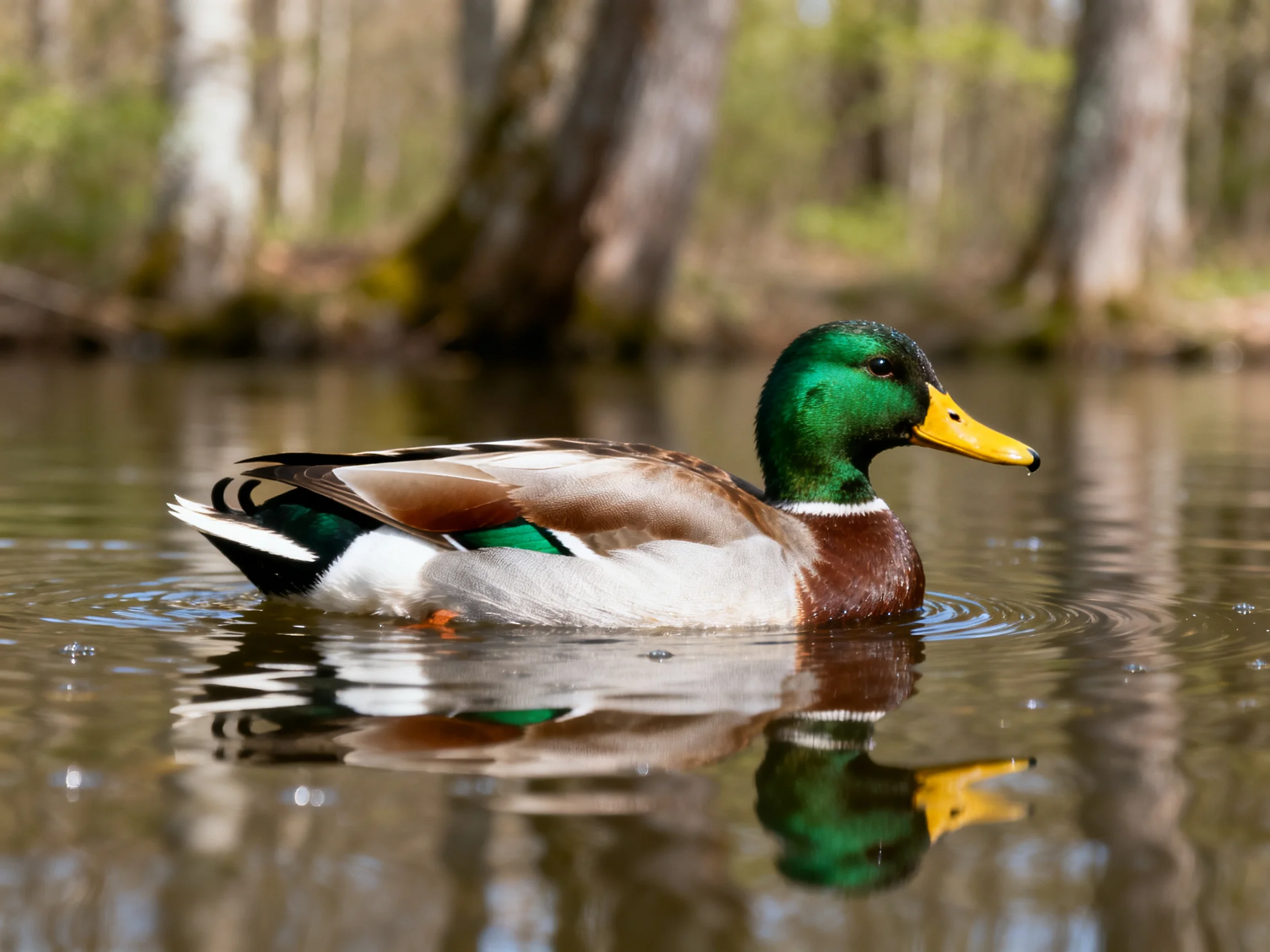 A green-headed mallard duck glides on calm water with forest backdrop.
