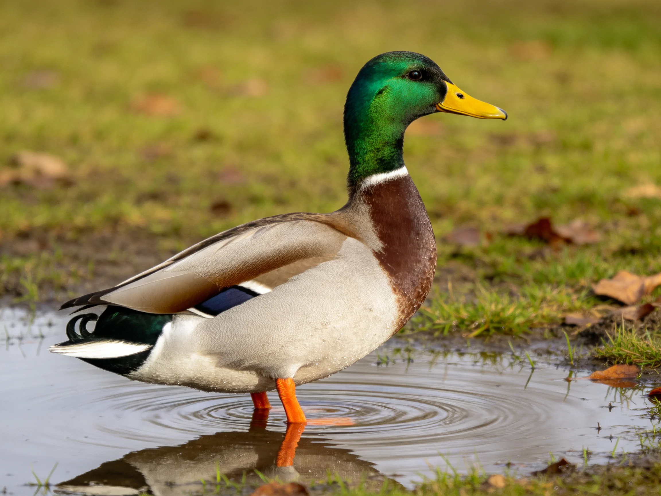A green-headed mallard duck wading in a small puddle
