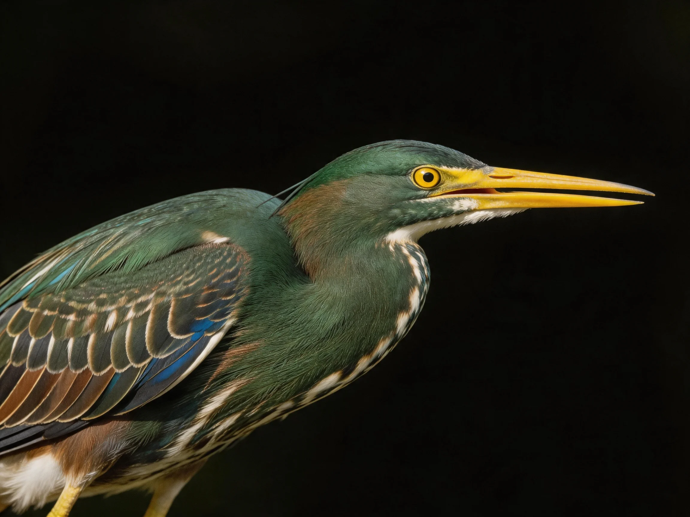 A green heron with vibrant multicolored plumage and long yellow beak
