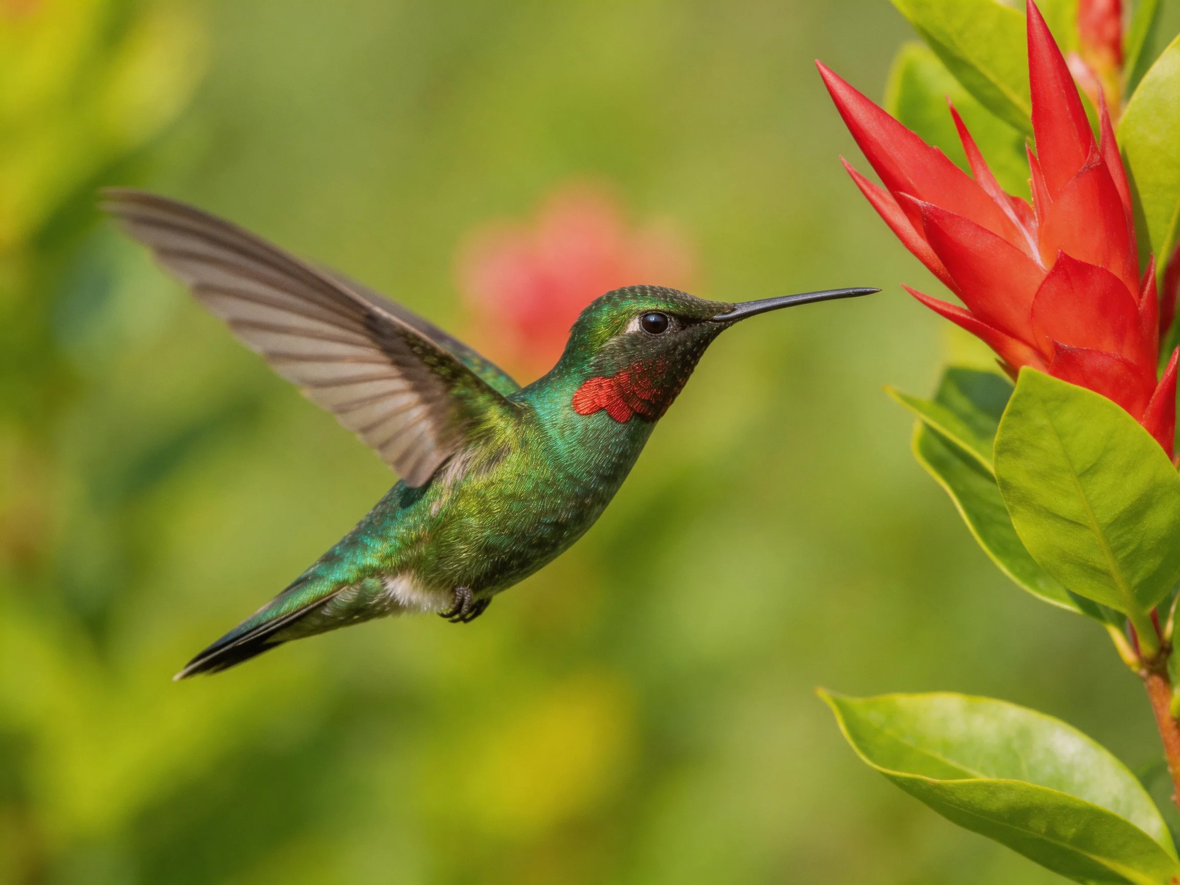 A green hummingbird hovers near a bright red tropical flower