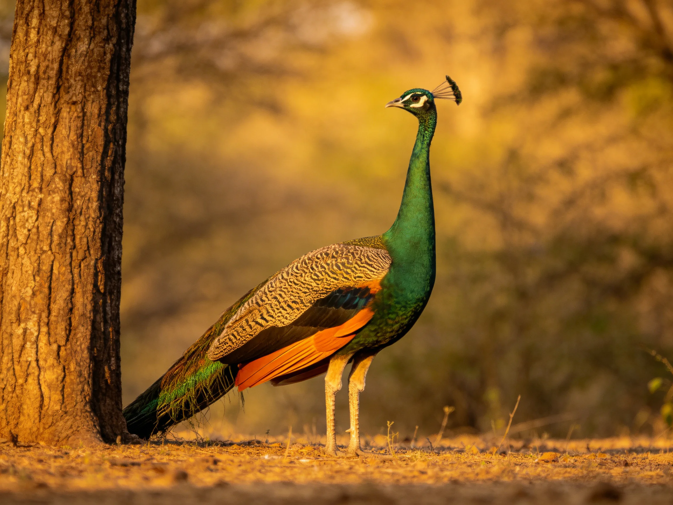 A green-necked peacock with colorful plumage beside a tree trunk