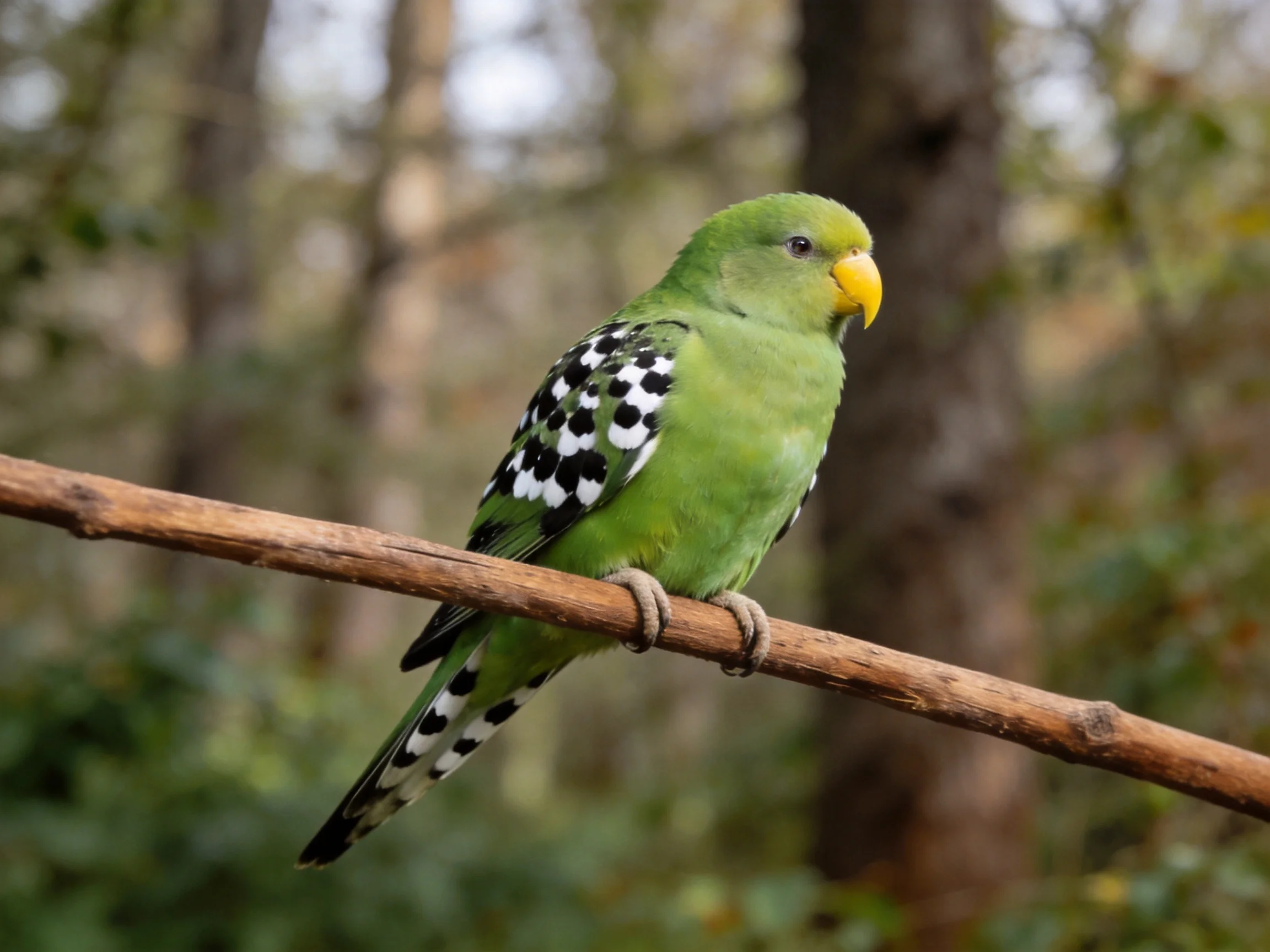 A green parrot with black-and-white spotted wings perches on a wooden branch
