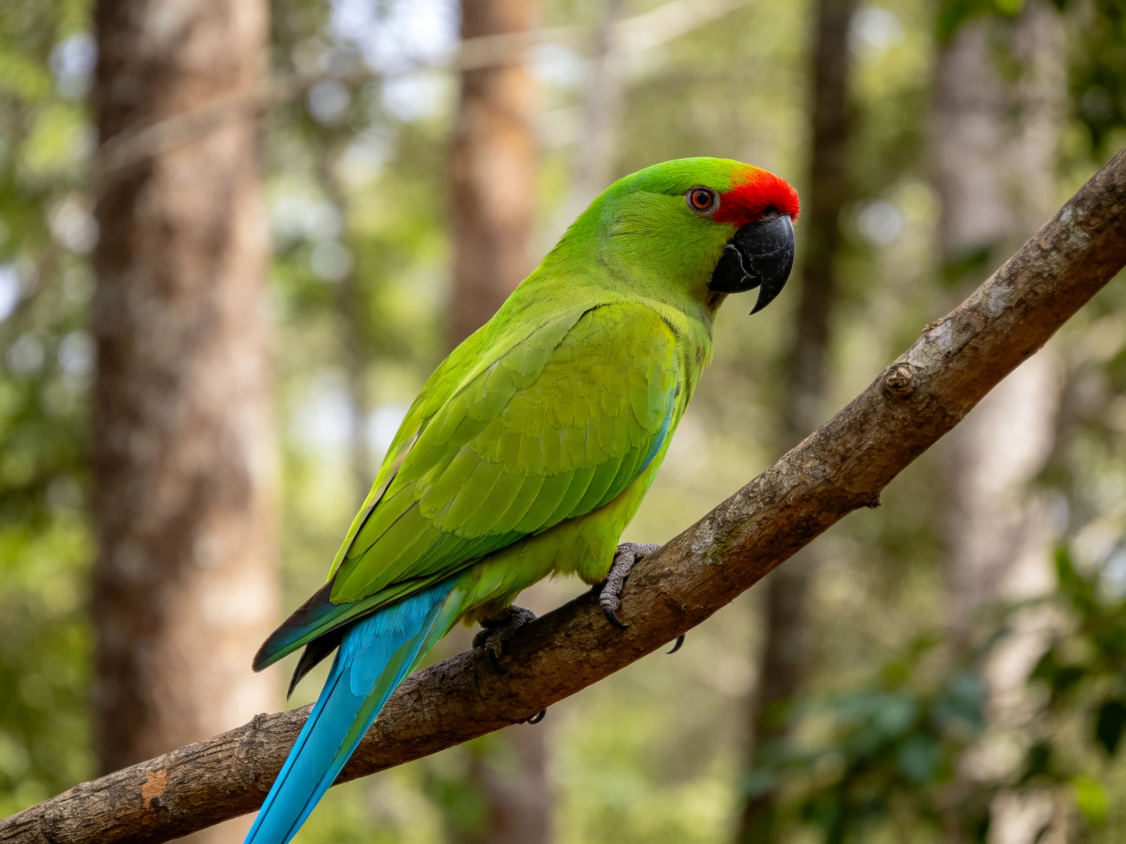 A green parrot with red forehead perched on a tree branch