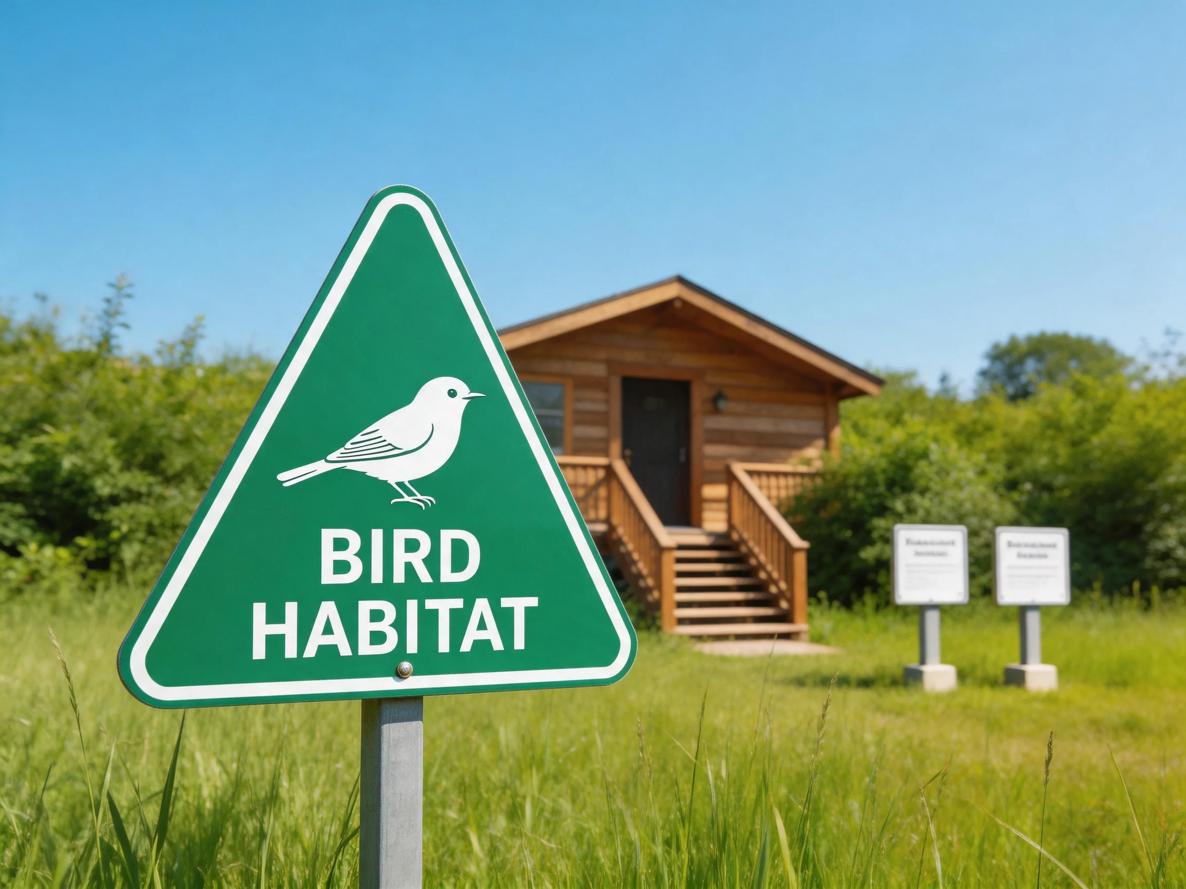 A green triangular bird habitat sign near a wooden cabin