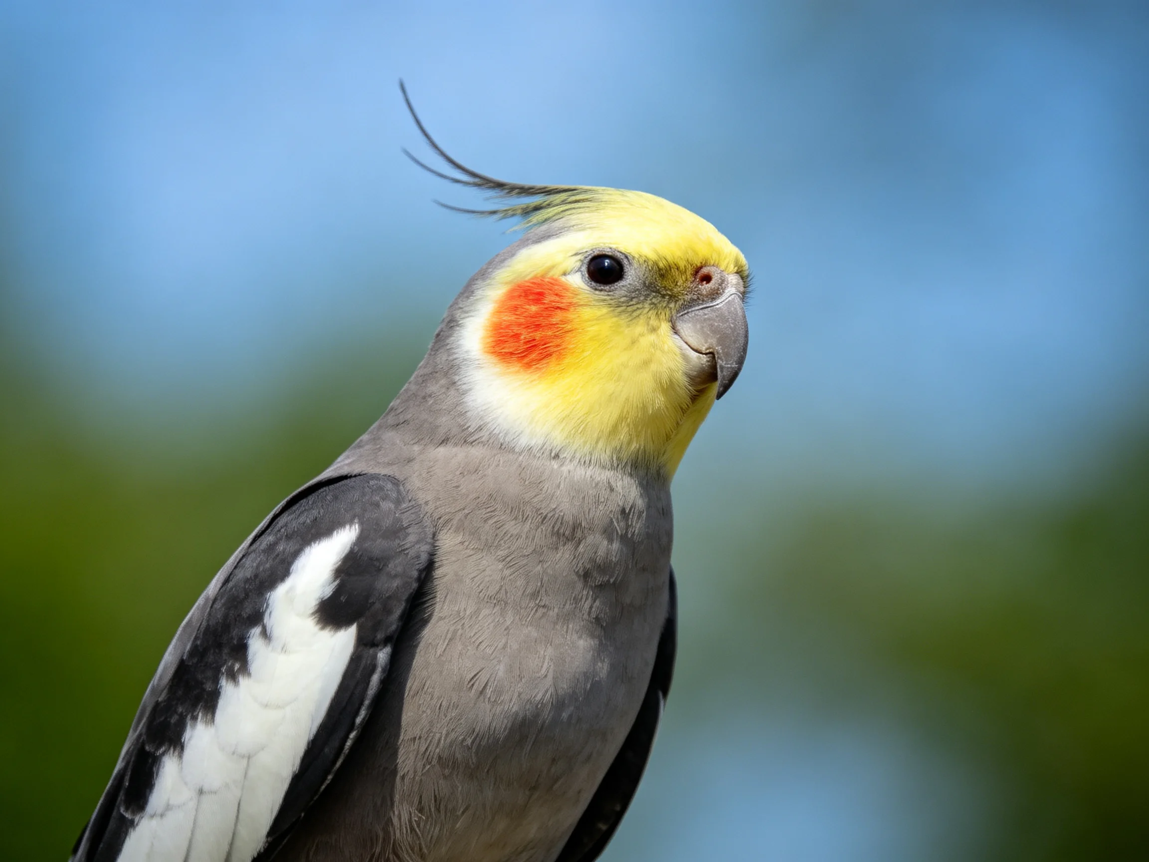 A grey cockatiel with yellow crest and orange cheek patch