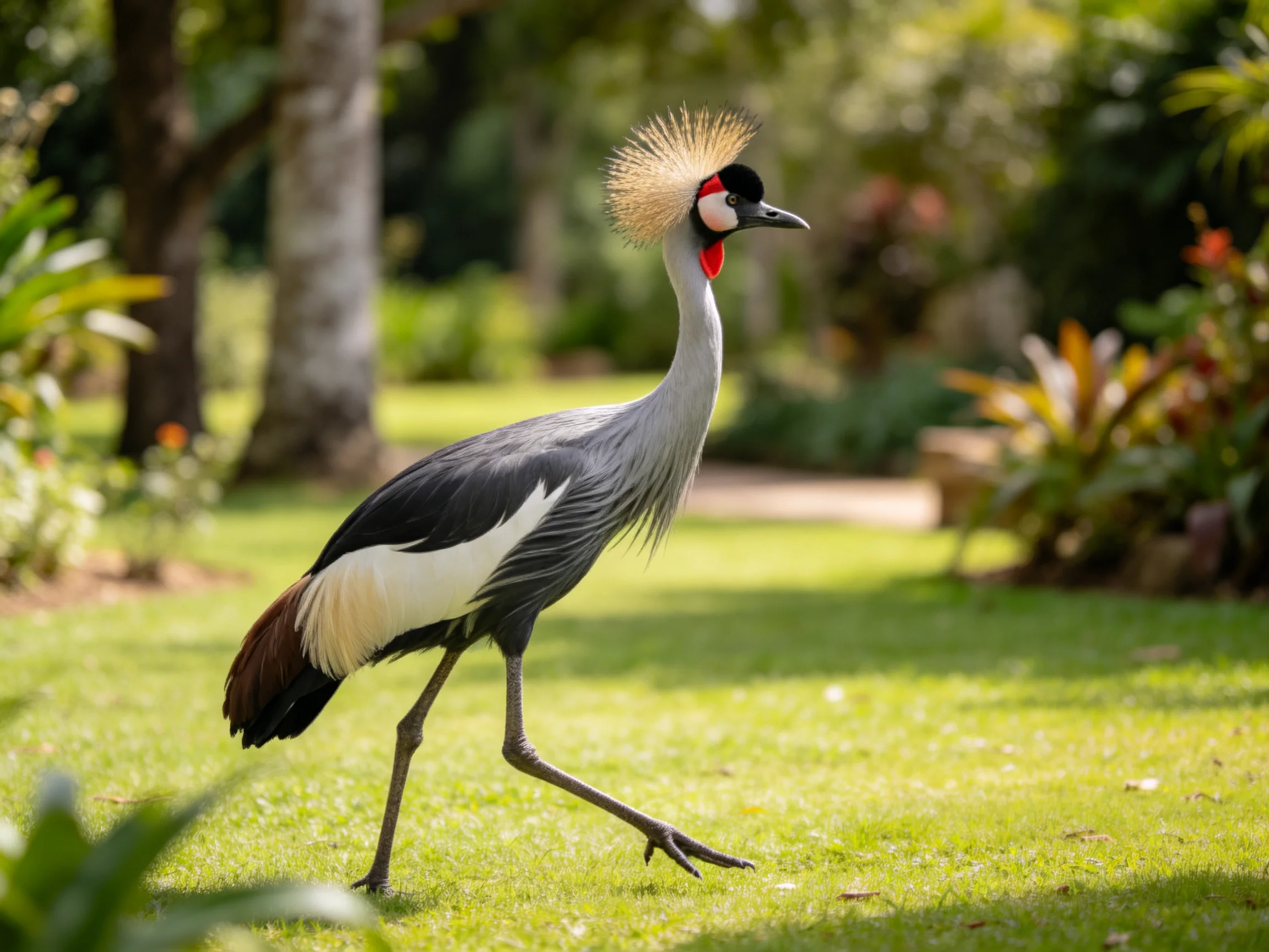 A grey-crowned crane with black, white, and brown plumage