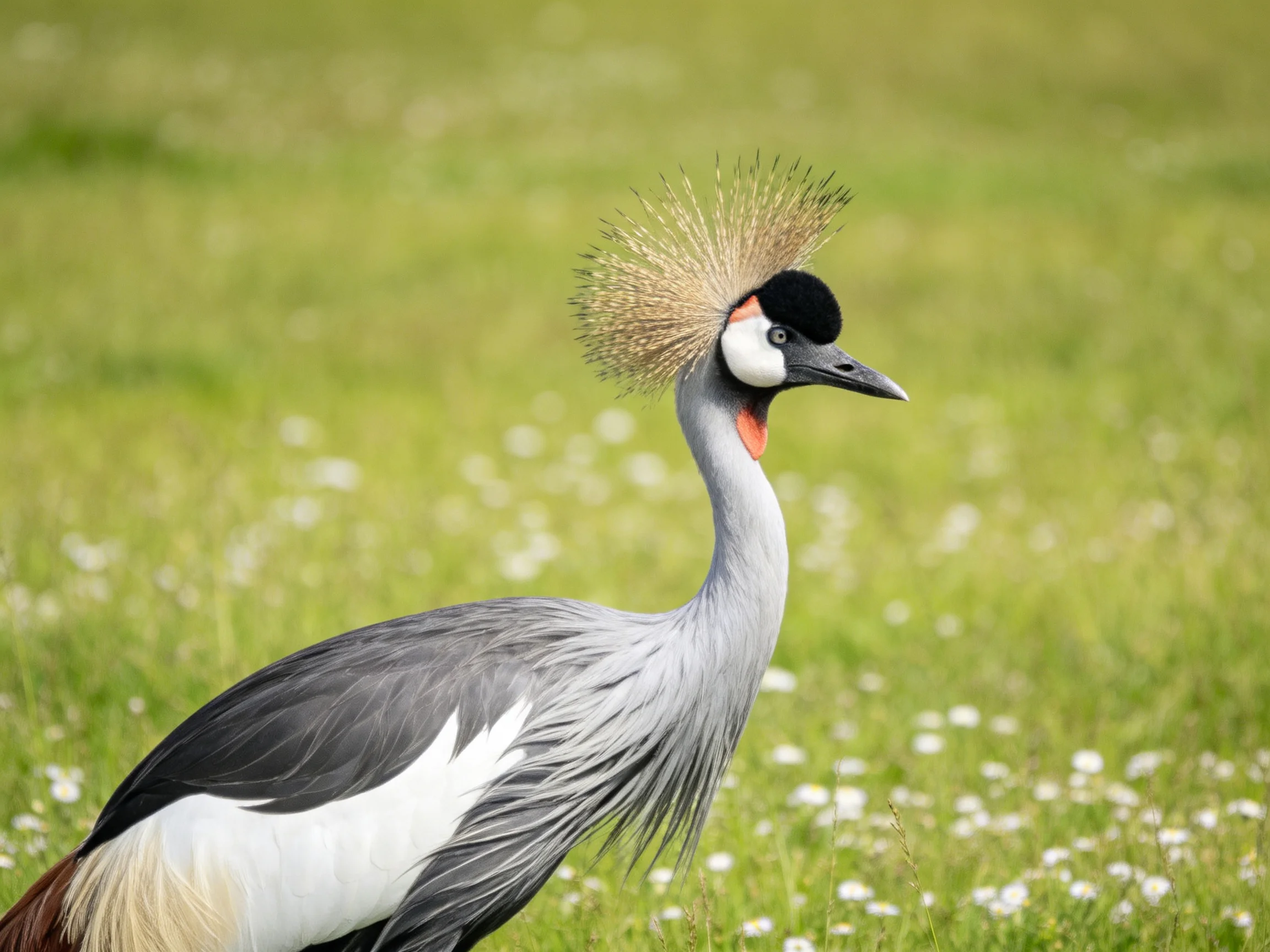 A grey crowned crane with golden crown stands in flower-dotted meadow
