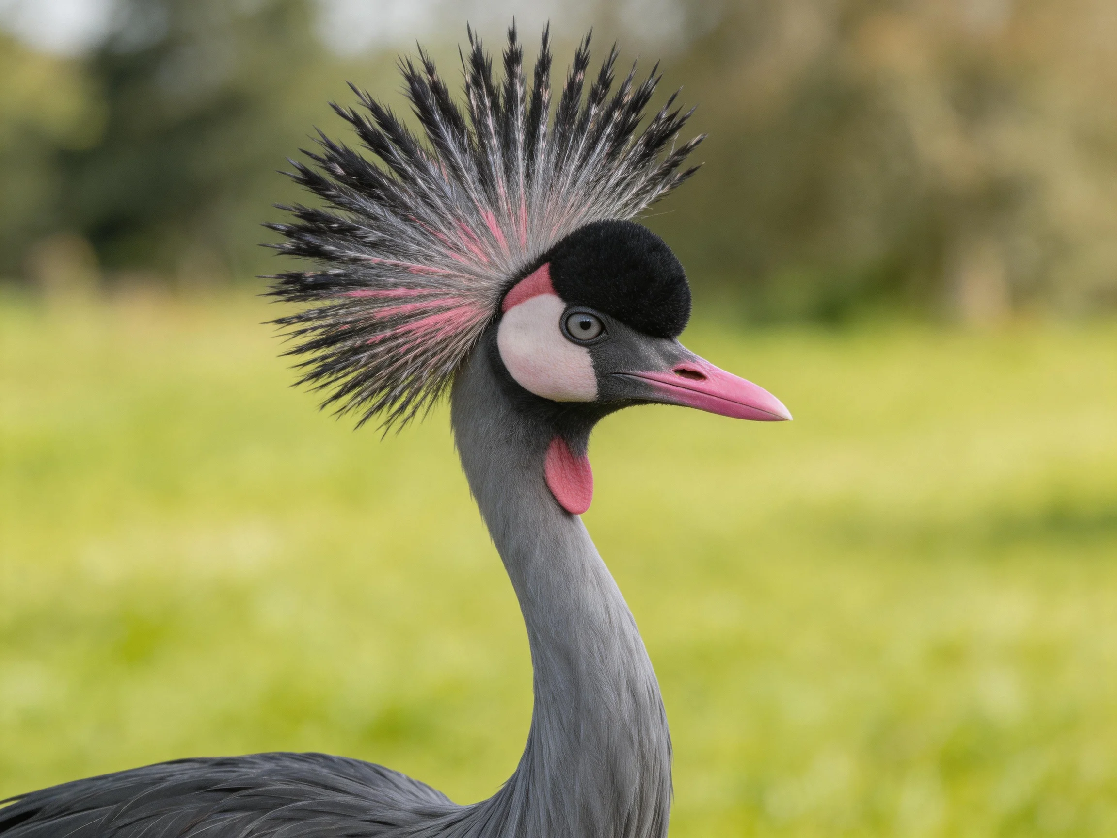 A grey crowned crane with striking black and pink crested plumage
