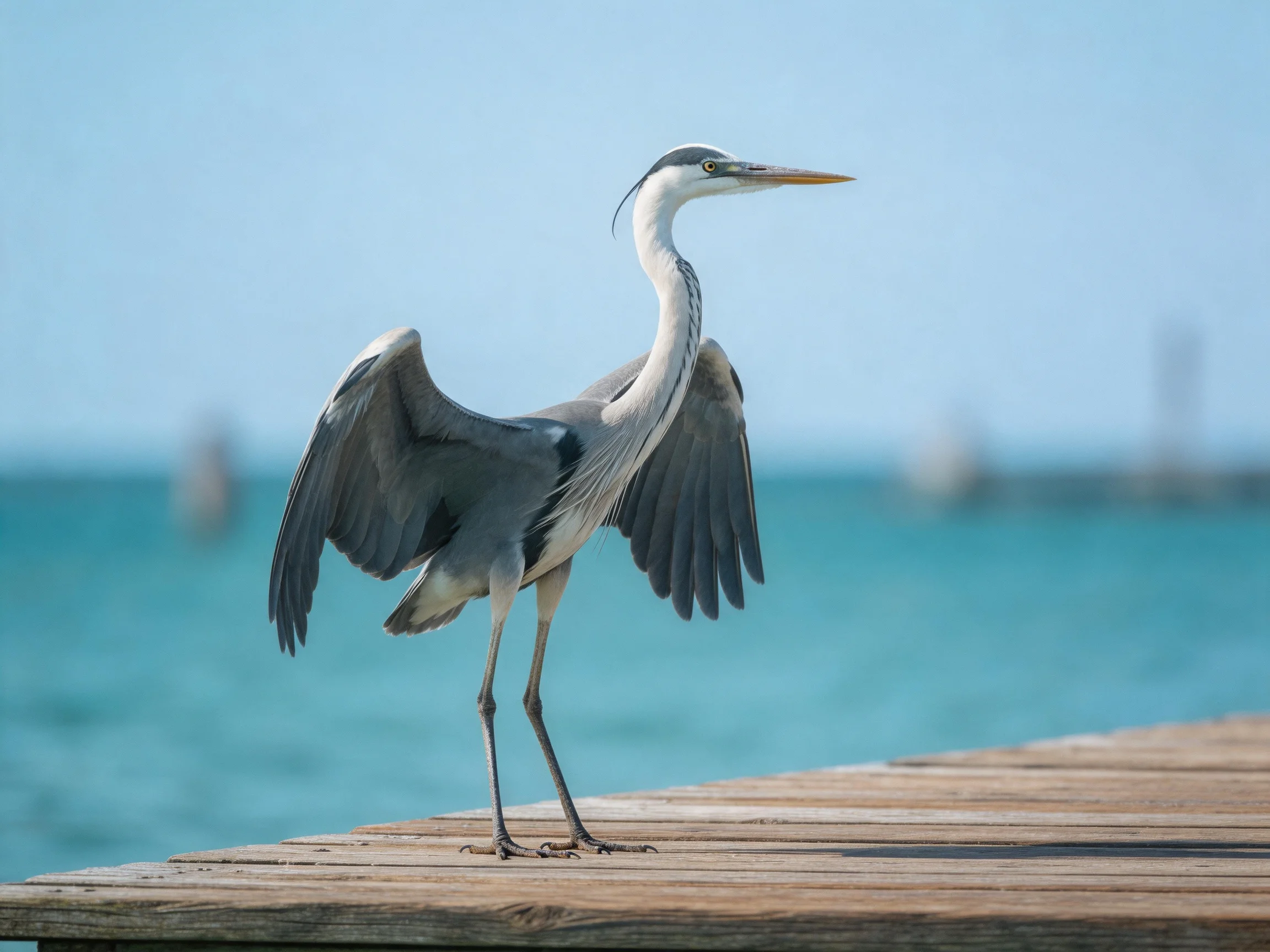 A grey heron spreading wings on a wooden pier by turquoise water
