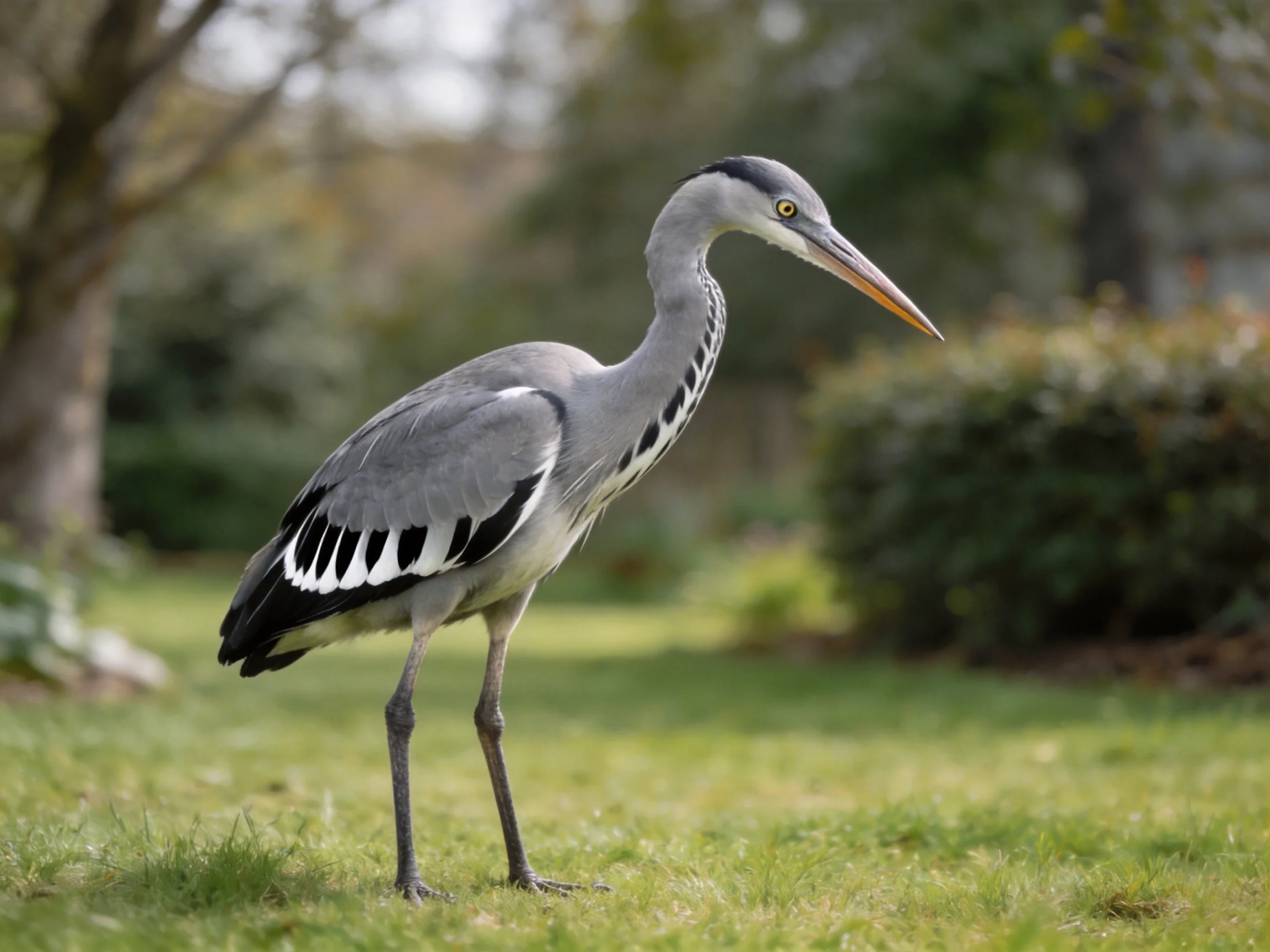 A grey heron with black-and-white wing markings stands on green grass
